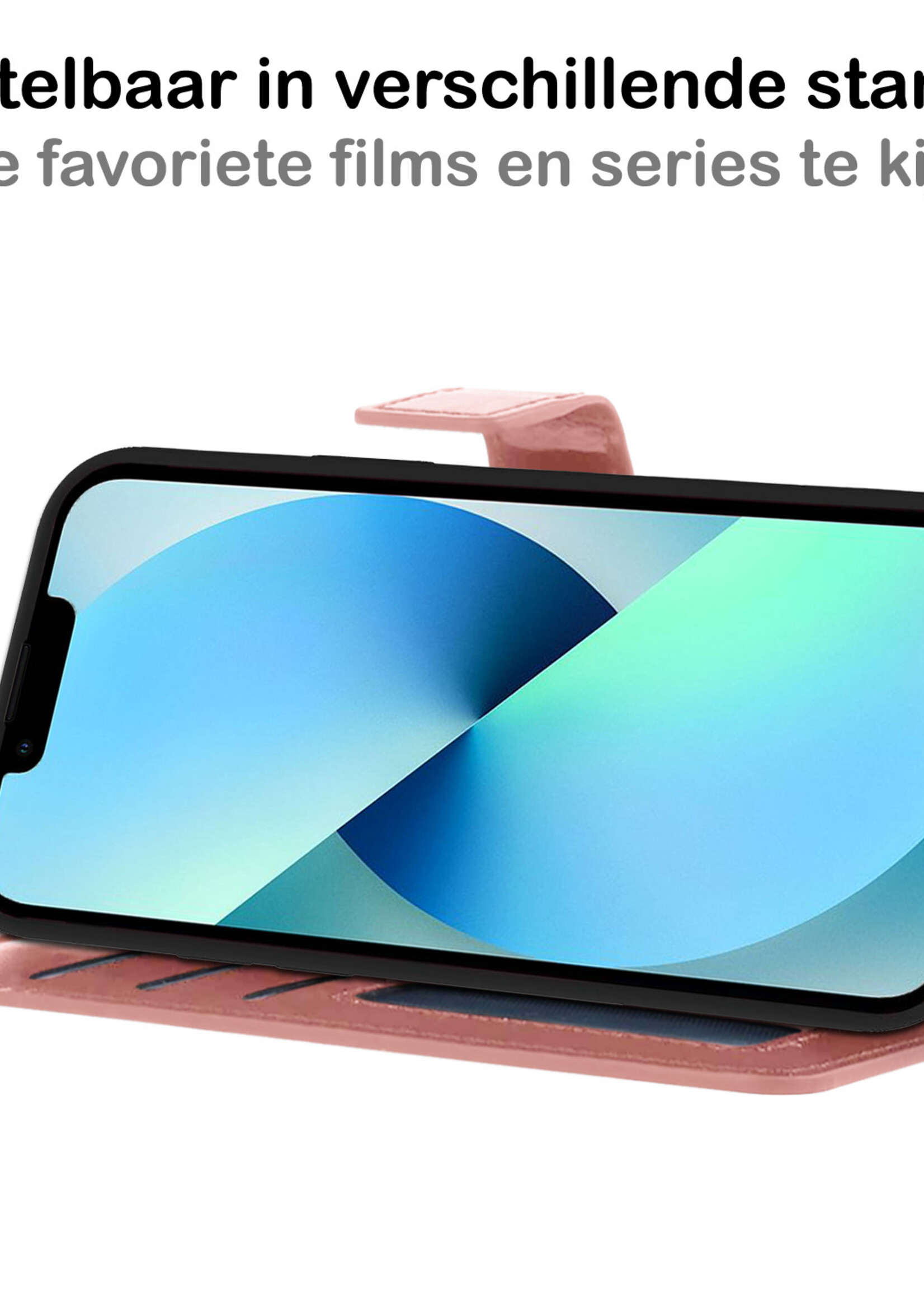 BTH Hoesje Geschikt voor iPhone 13 Mini Hoesje Book Case Hoes Portemonnee Cover Walletcase Met 2x Screenprotector - Hoes Geschikt voor iPhone 13 Mini Hoes Bookcase Hoesje - Rosé goud