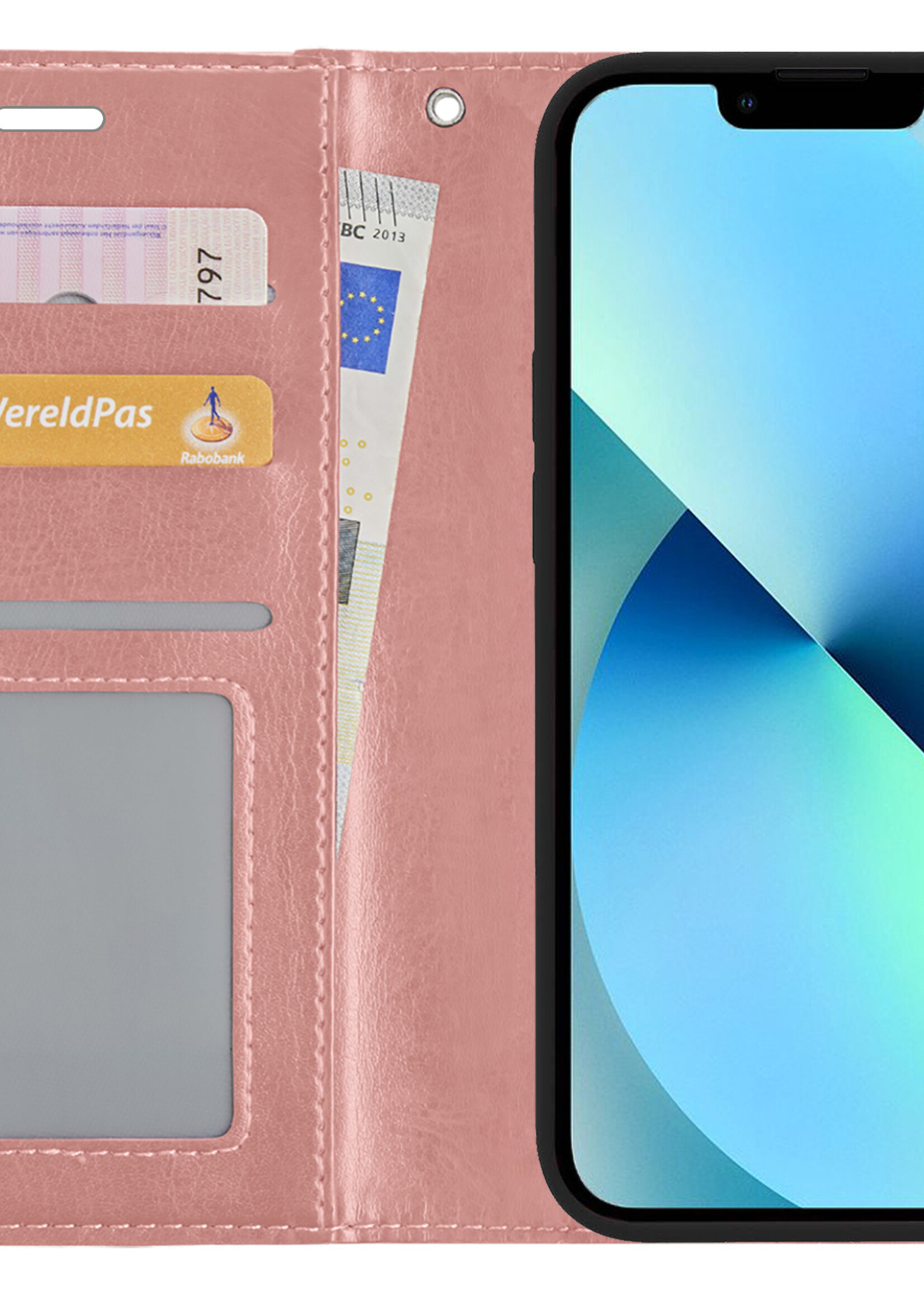 BTH Hoesje Geschikt voor iPhone 13 Mini Hoesje Book Case Hoes Portemonnee Cover Walletcase Met 2x Screenprotector - Hoes Geschikt voor iPhone 13 Mini Hoes Bookcase Hoesje - Rosé goud