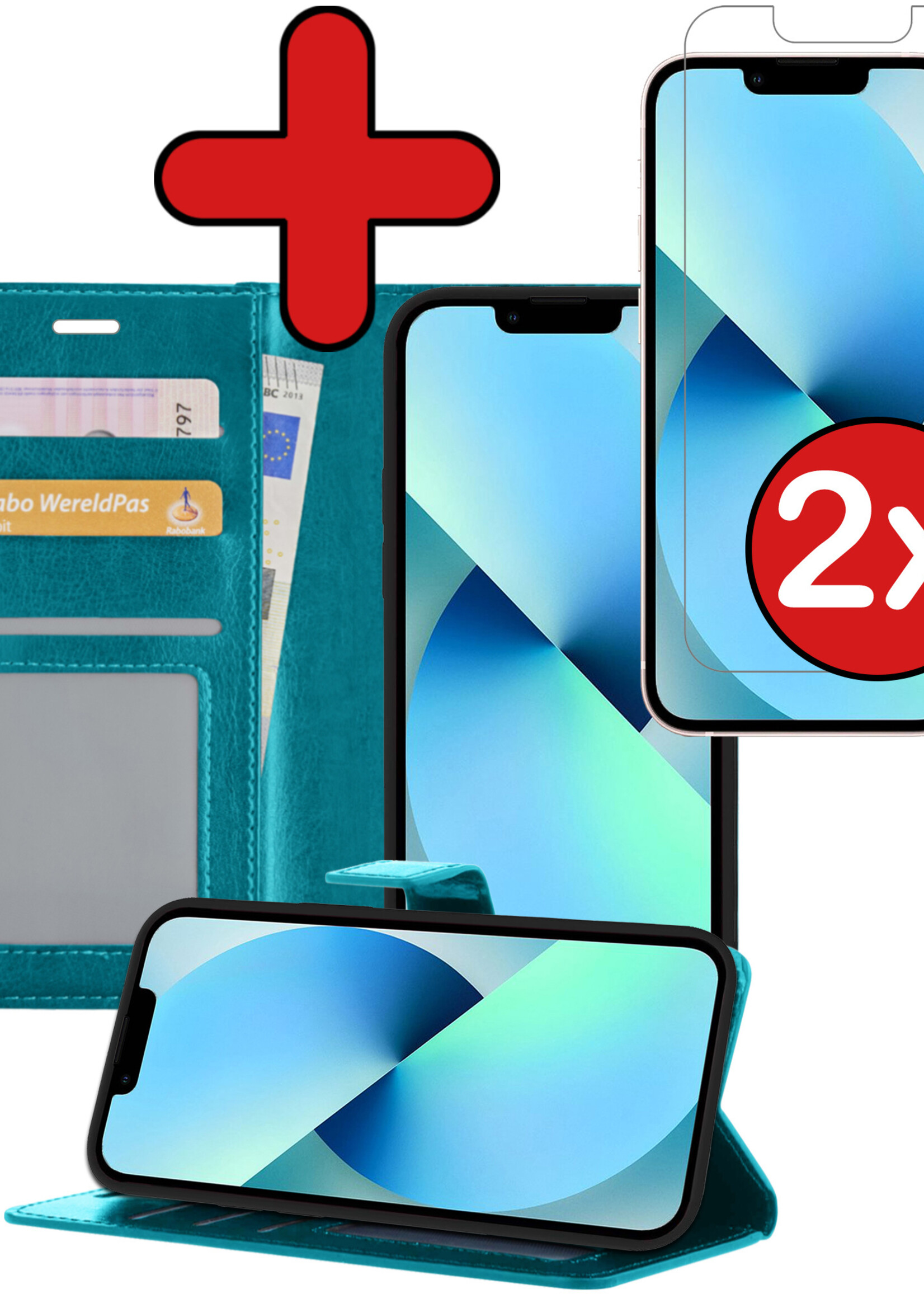 BTH Hoesje Geschikt voor iPhone 13 Mini Hoesje Book Case Hoes Portemonnee Cover Walletcase Met 2x Screenprotector - Hoes Geschikt voor iPhone 13 Mini Hoes Bookcase Hoesje - Turquoise