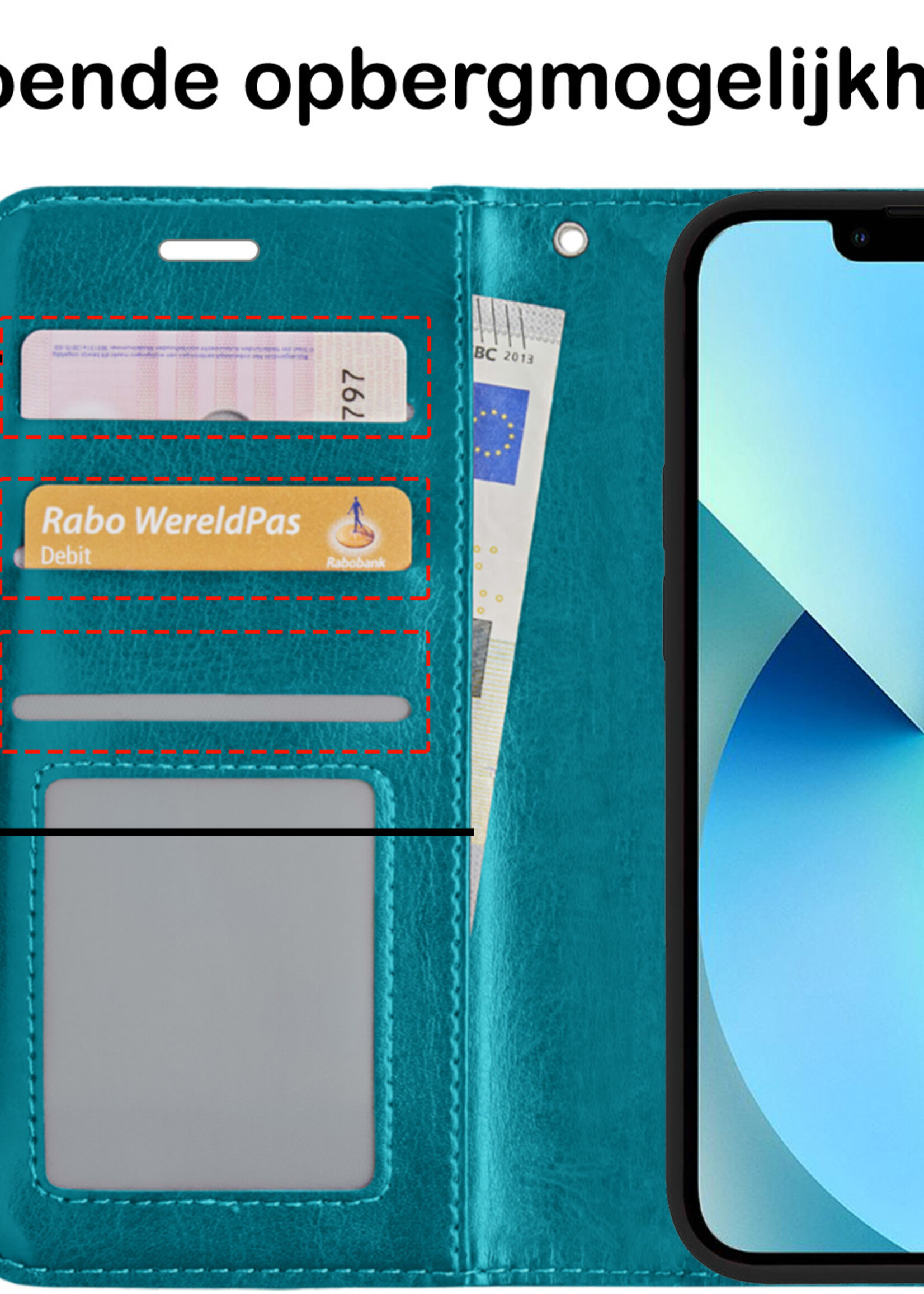 BTH Hoesje Geschikt voor iPhone 13 Mini Hoesje Book Case Hoes Portemonnee Cover Walletcase Met 2x Screenprotector - Hoes Geschikt voor iPhone 13 Mini Hoes Bookcase Hoesje - Turquoise