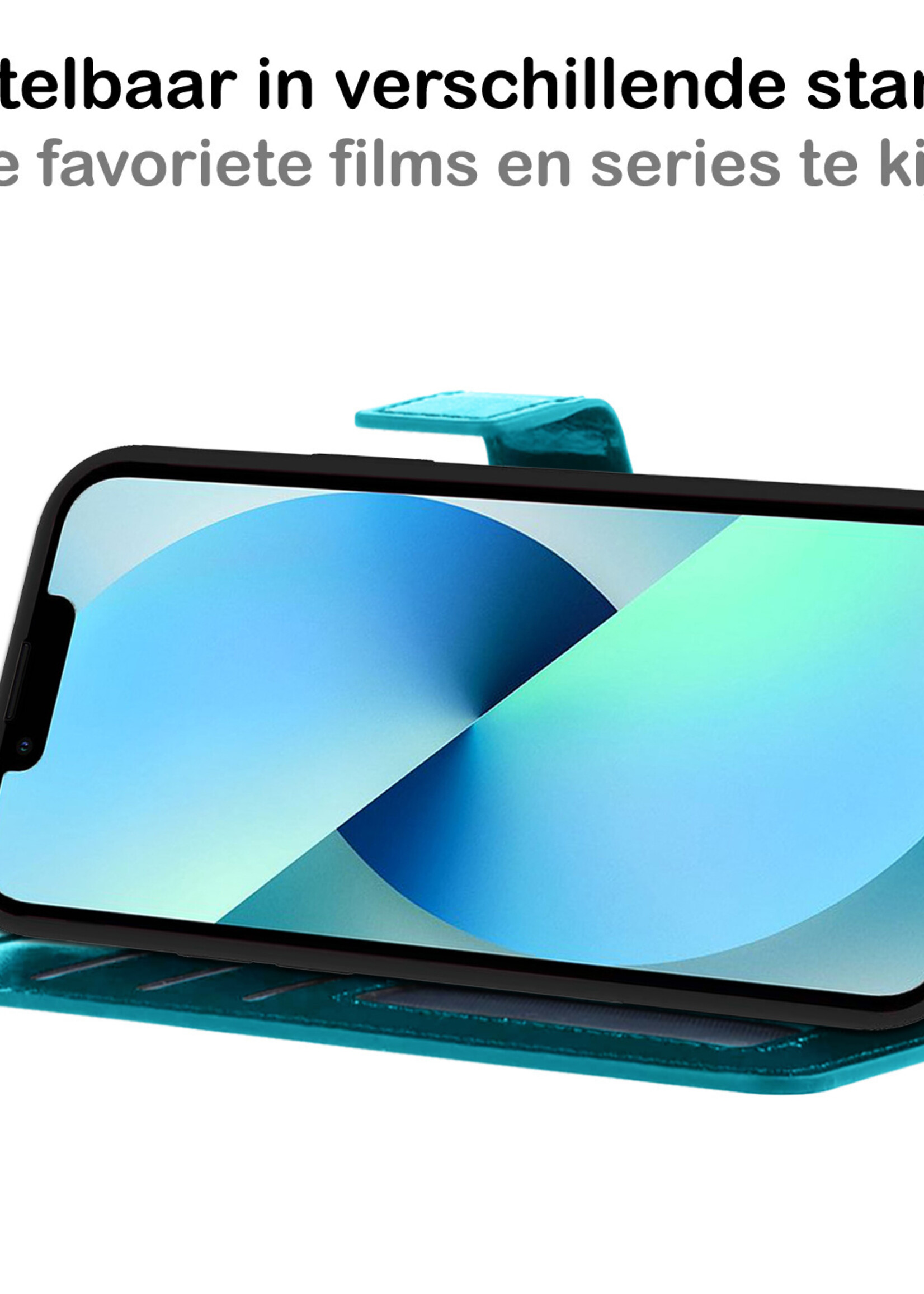 BTH Hoesje Geschikt voor iPhone 13 Mini Hoesje Book Case Hoes Portemonnee Cover Walletcase Met 2x Screenprotector - Hoes Geschikt voor iPhone 13 Mini Hoes Bookcase Hoesje - Turquoise