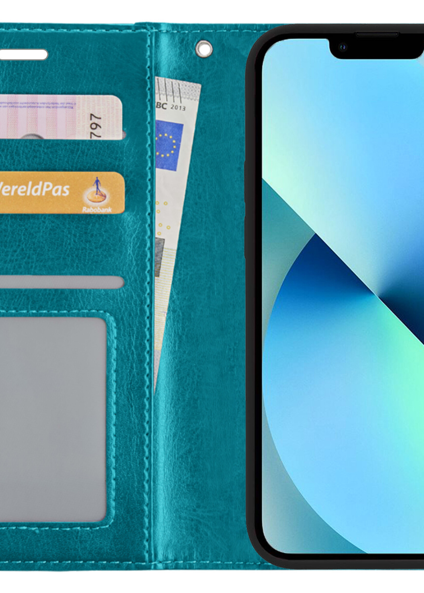 BTH Hoesje Geschikt voor iPhone 13 Mini Hoesje Book Case Hoes Portemonnee Cover Walletcase Met 2x Screenprotector - Hoes Geschikt voor iPhone 13 Mini Hoes Bookcase Hoesje - Turquoise