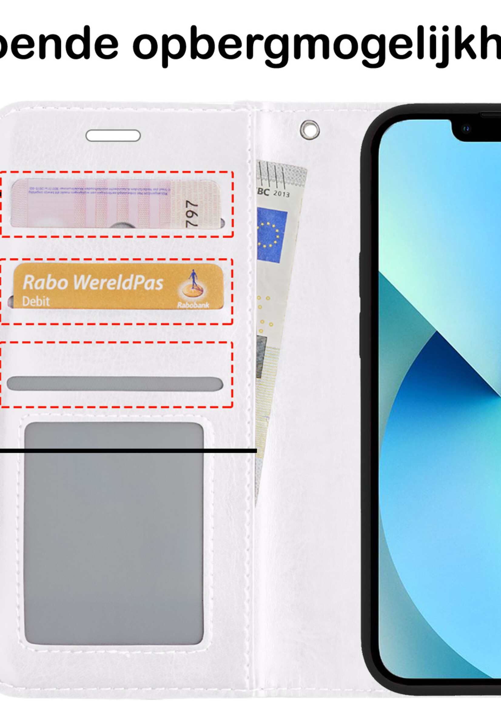 BTH Hoesje Geschikt voor iPhone 13 Mini Hoesje Book Case Hoes Portemonnee Cover Walletcase Met 2x Screenprotector - Hoes Geschikt voor iPhone 13 Mini Hoes Bookcase Hoesje - Wit