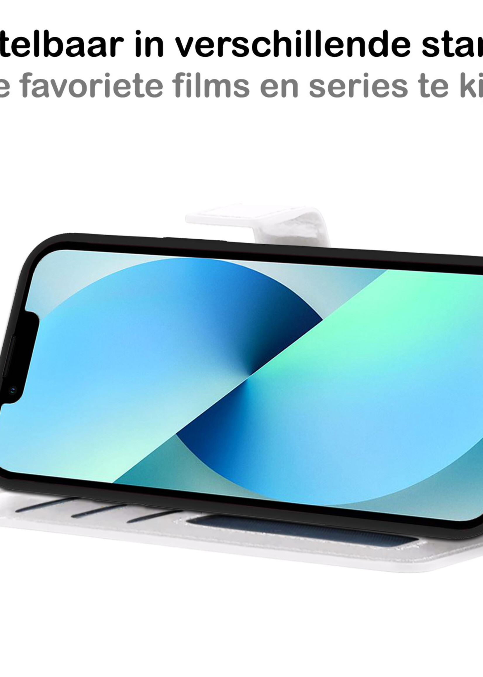 BTH Hoesje Geschikt voor iPhone 13 Mini Hoesje Book Case Hoes Portemonnee Cover Walletcase Met 2x Screenprotector - Hoes Geschikt voor iPhone 13 Mini Hoes Bookcase Hoesje - Wit