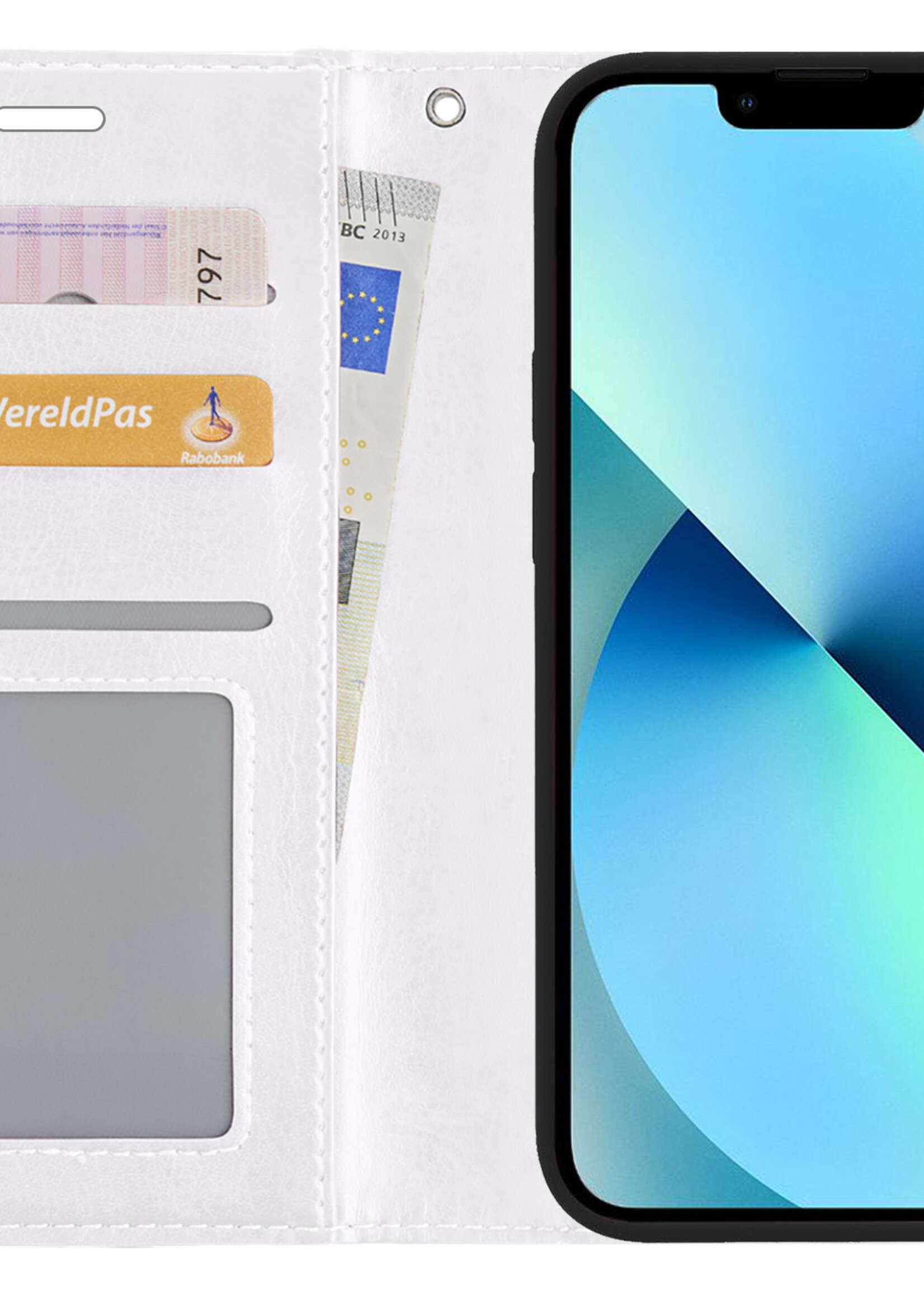 BTH Hoesje Geschikt voor iPhone 13 Mini Hoesje Book Case Hoes Portemonnee Cover Walletcase Met 2x Screenprotector - Hoes Geschikt voor iPhone 13 Mini Hoes Bookcase Hoesje - Wit