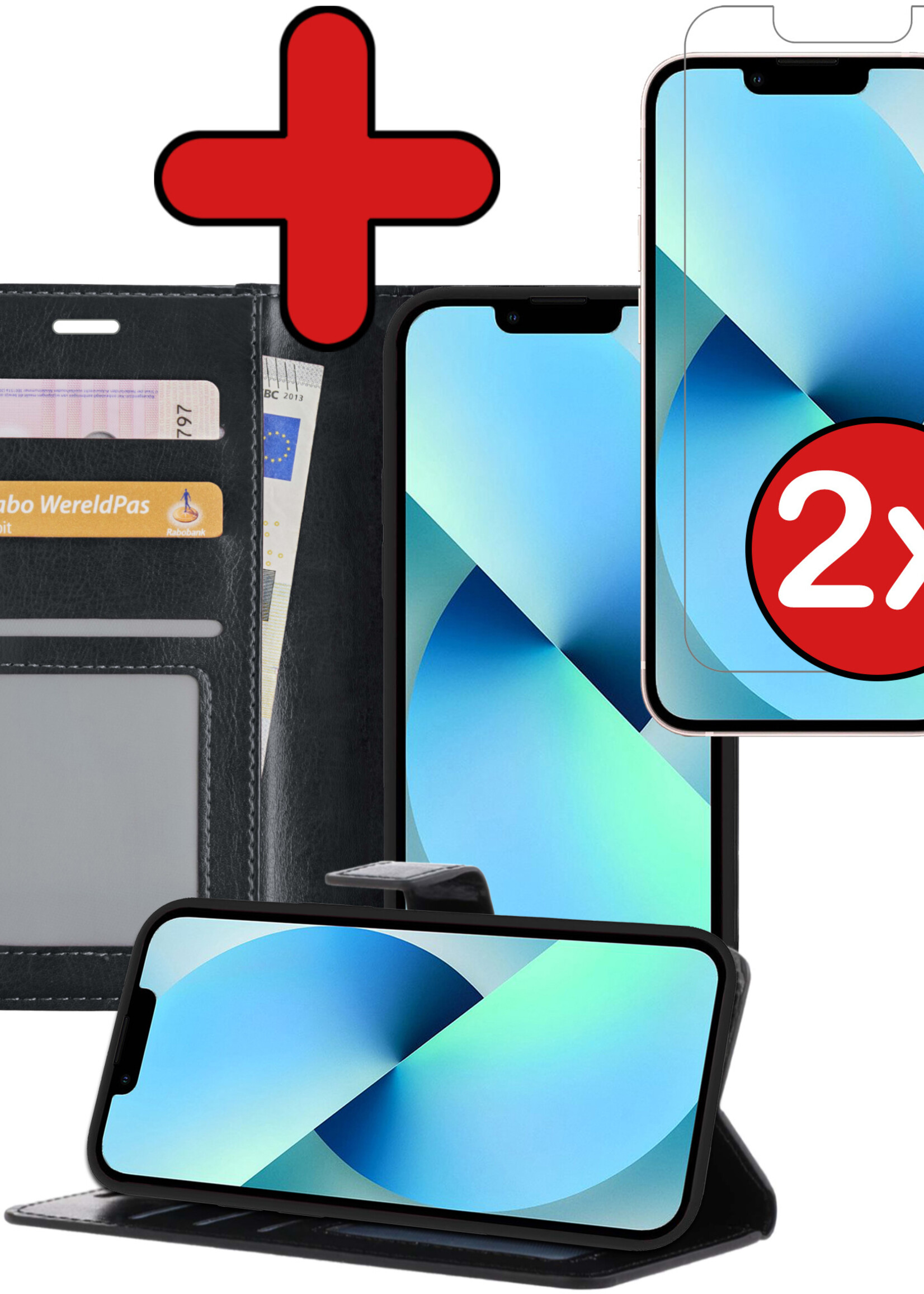 BTH Hoesje Geschikt voor iPhone 13 Mini Hoesje Book Case Hoes Portemonnee Cover Walletcase Met 2x Screenprotector - Hoes Geschikt voor iPhone 13 Mini Hoes Bookcase Hoesje - Zwart