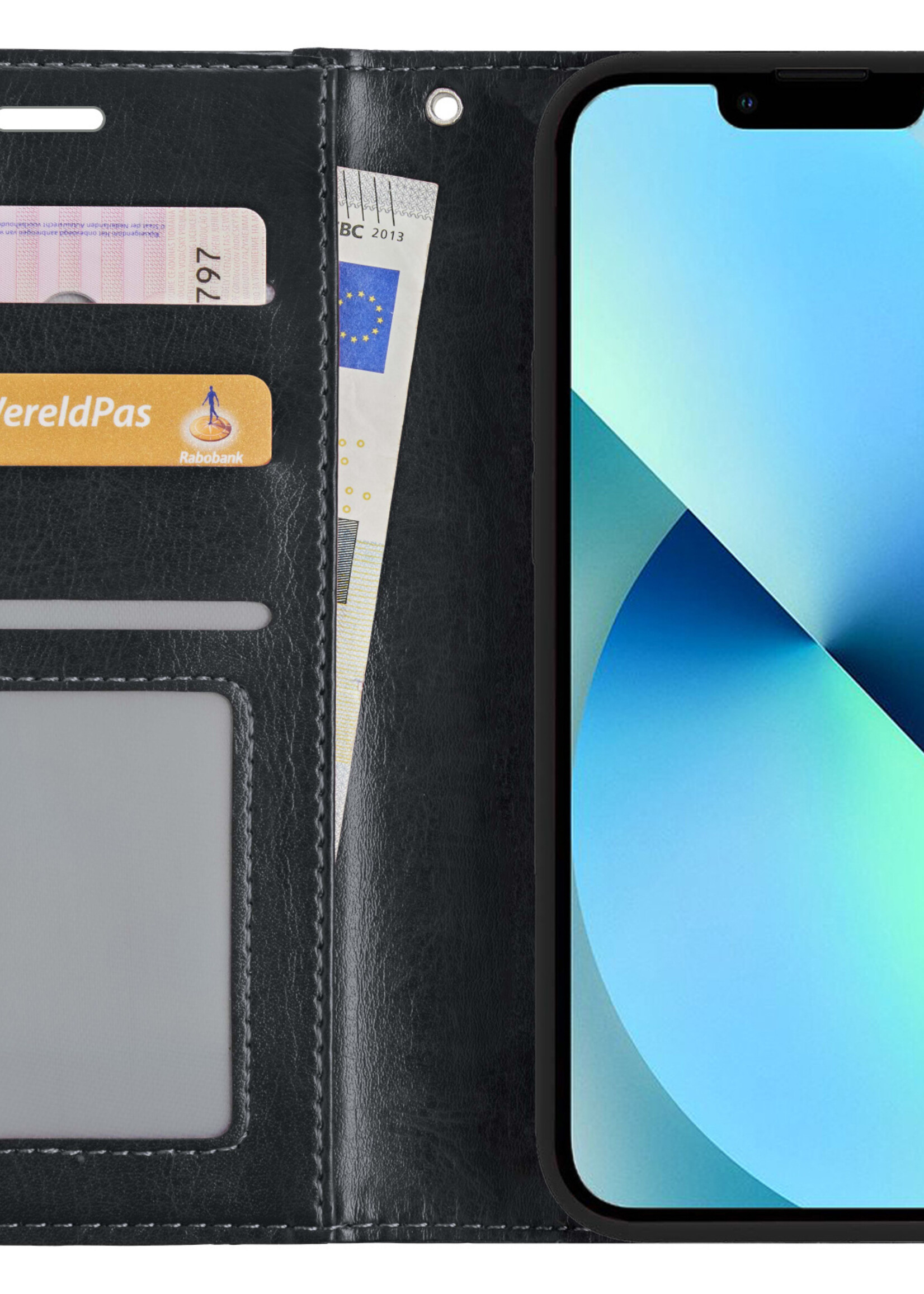 BTH Hoesje Geschikt voor iPhone 13 Mini Hoesje Book Case Hoes Portemonnee Cover Walletcase Met 2x Screenprotector - Hoes Geschikt voor iPhone 13 Mini Hoes Bookcase Hoesje - Zwart