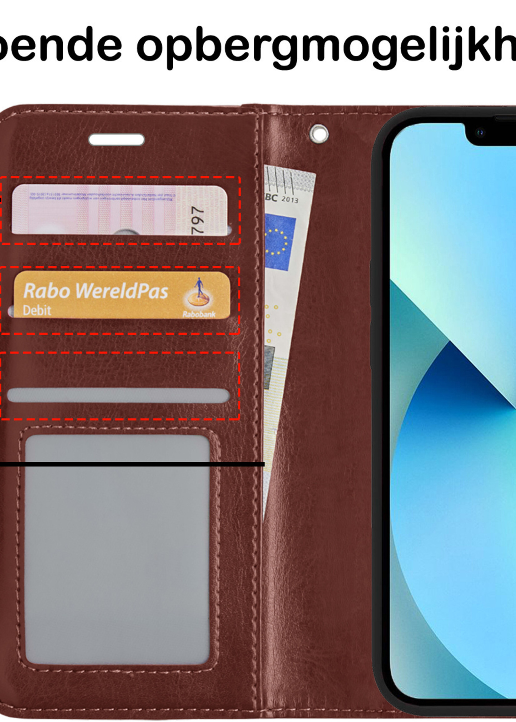 BTH Hoesje Geschikt voor iPhone 13 Hoesje Book Case Hoes Portemonnee Cover Walletcase Met Screenprotector - Hoes Geschikt voor iPhone 13 Hoes Bookcase Hoesje - Bruin