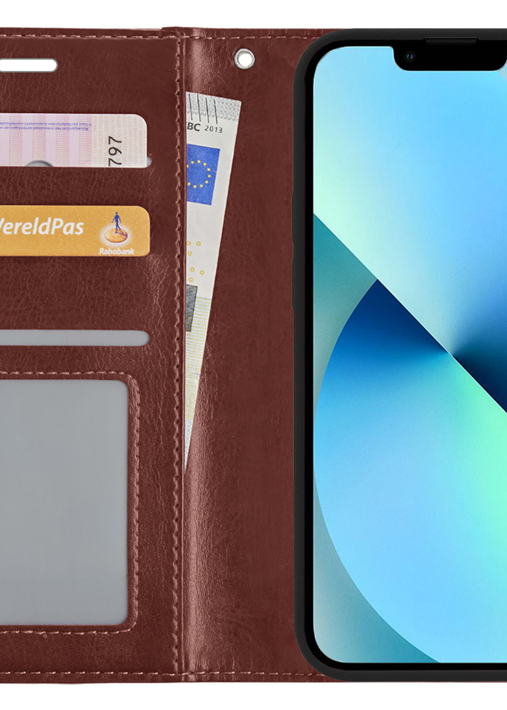 BTH Hoesje Geschikt voor iPhone 13 Hoesje Book Case Hoes Portemonnee Cover Walletcase Met Screenprotector - Hoes Geschikt voor iPhone 13 Hoes Bookcase Hoesje - Bruin