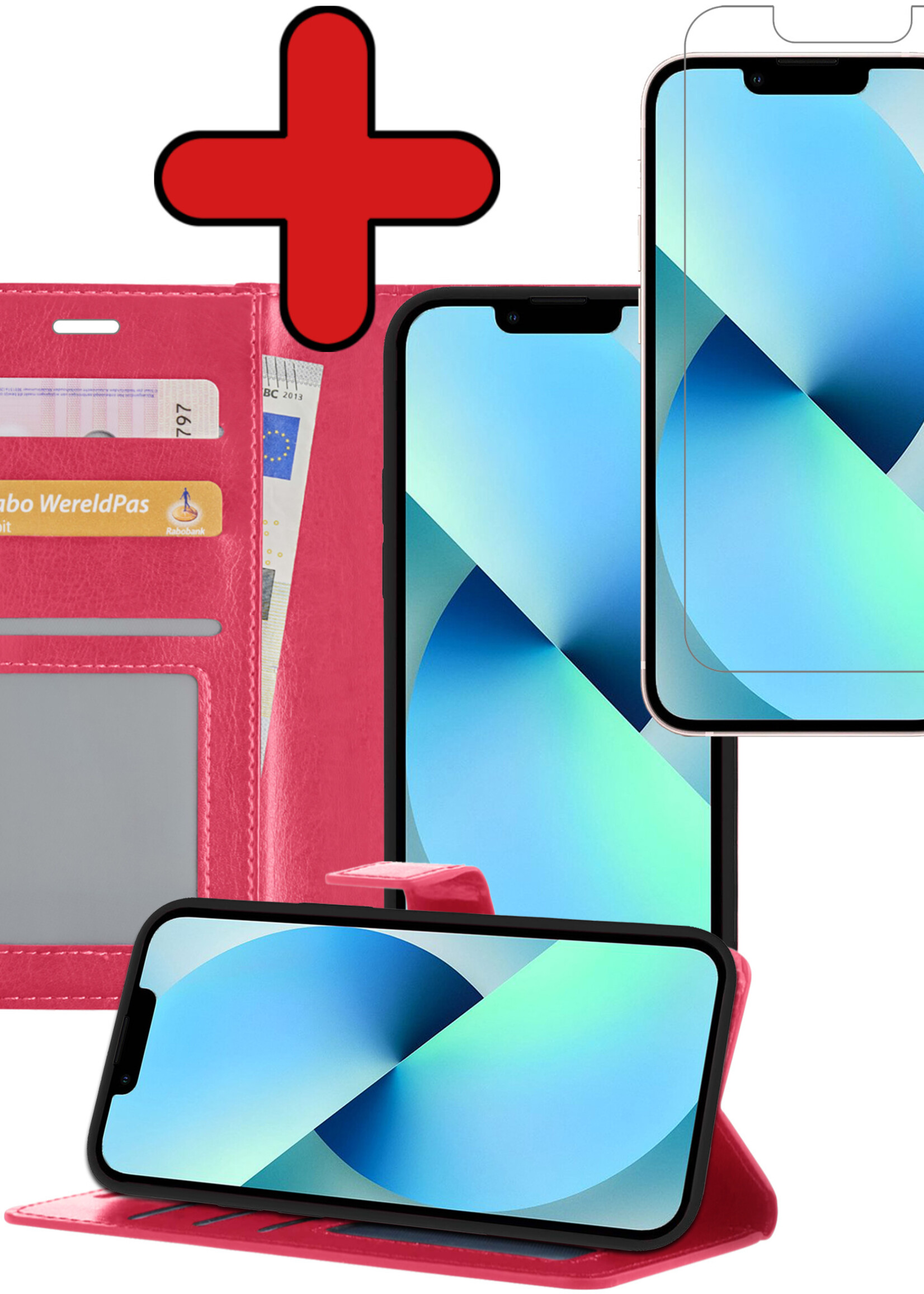 BTH Hoesje Geschikt voor iPhone 13 Hoesje Book Case Hoes Portemonnee Cover Walletcase Met Screenprotector - Hoes Geschikt voor iPhone 13 Hoes Bookcase Hoesje - Donkerroze