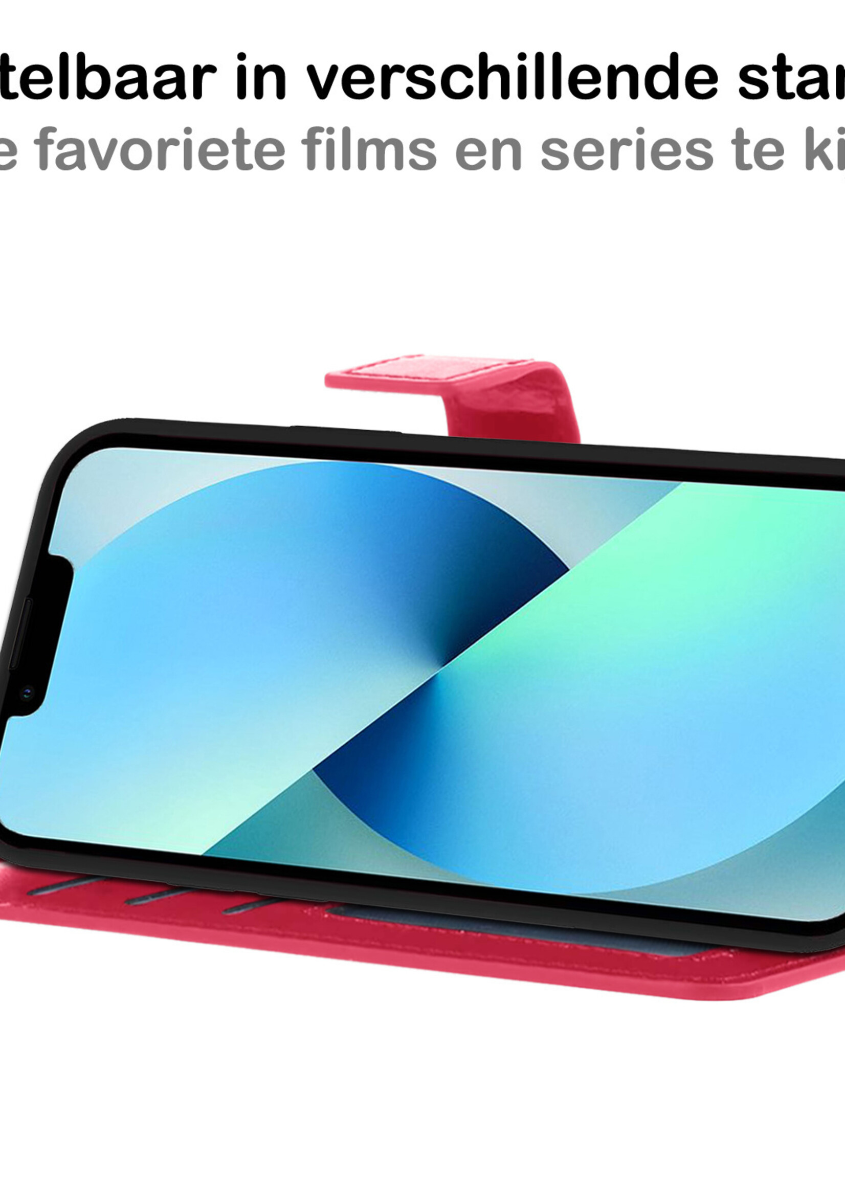 BTH Hoesje Geschikt voor iPhone 13 Hoesje Book Case Hoes Portemonnee Cover Walletcase Met Screenprotector - Hoes Geschikt voor iPhone 13 Hoes Bookcase Hoesje - Donkerroze