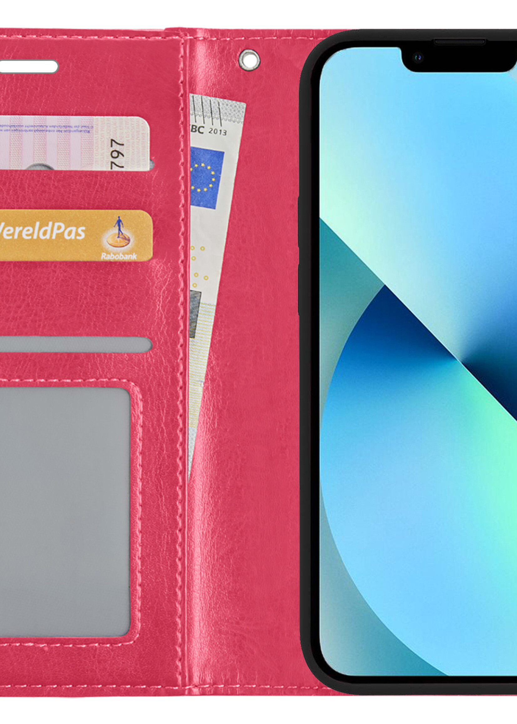 BTH Hoesje Geschikt voor iPhone 13 Hoesje Book Case Hoes Portemonnee Cover Walletcase Met Screenprotector - Hoes Geschikt voor iPhone 13 Hoes Bookcase Hoesje - Donkerroze