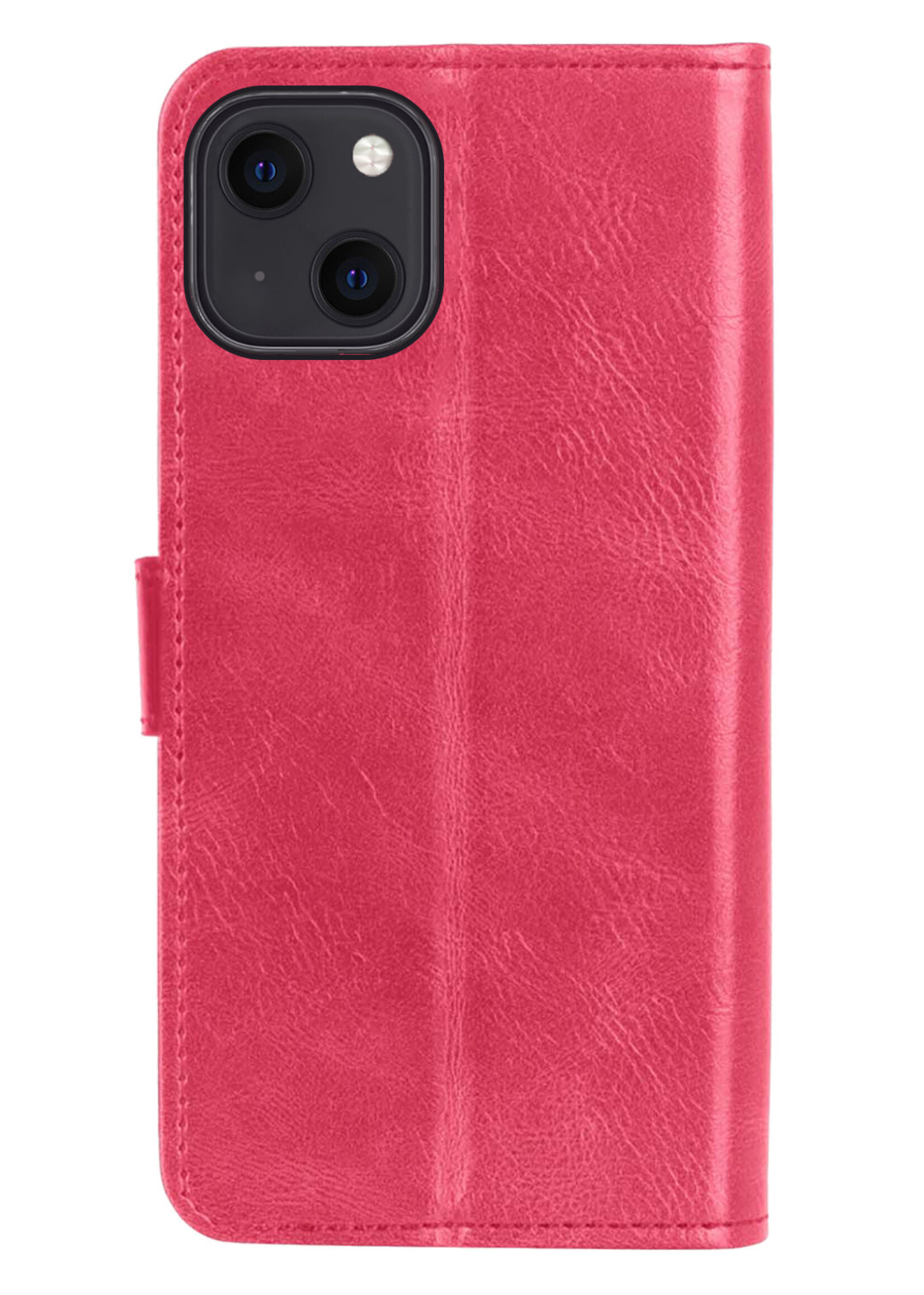 BTH Hoesje Geschikt voor iPhone 13 Hoesje Book Case Hoes Portemonnee Cover Walletcase Met Screenprotector - Hoes Geschikt voor iPhone 13 Hoes Bookcase Hoesje - Donkerroze