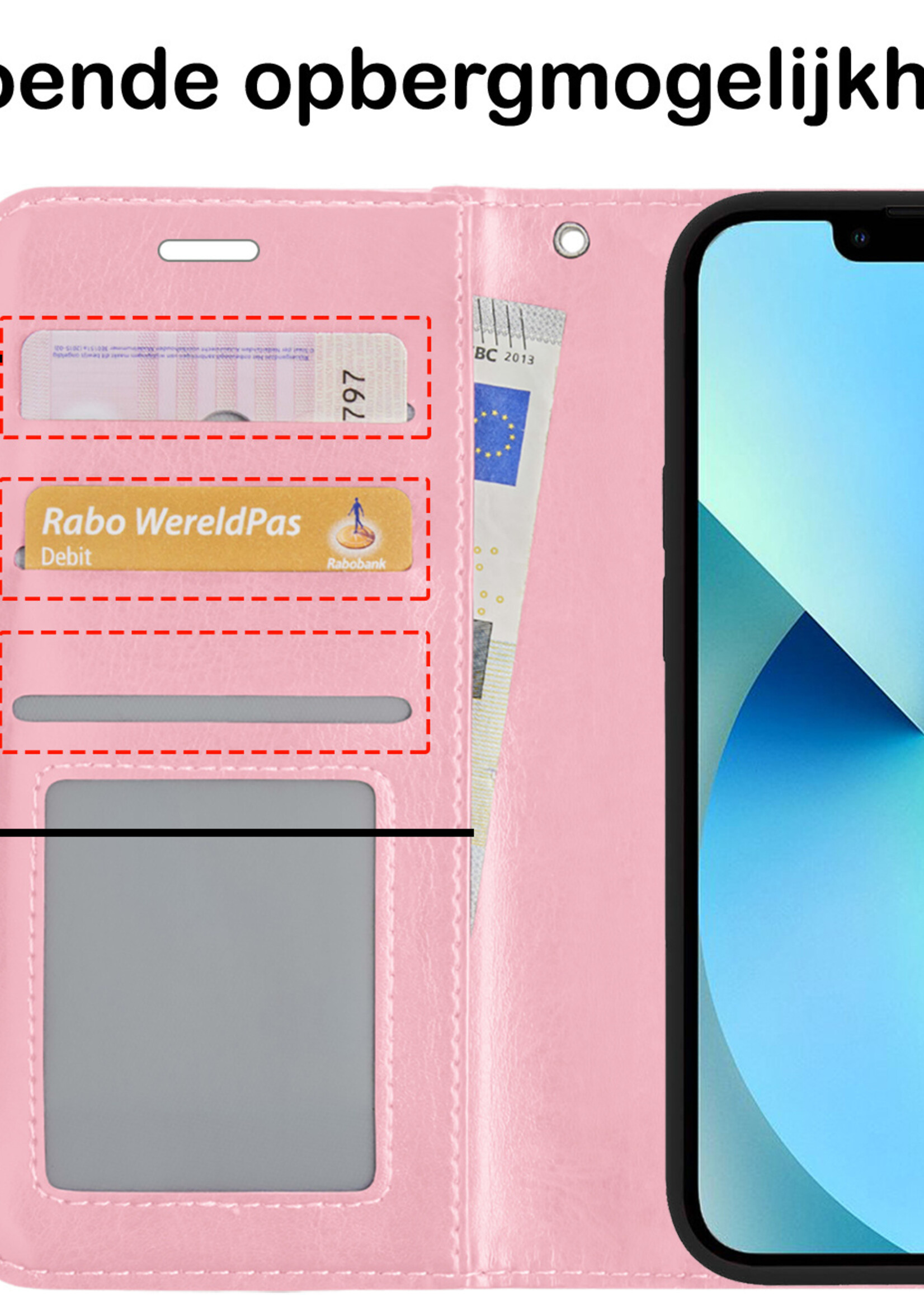BTH Hoesje Geschikt voor iPhone 13 Hoesje Book Case Hoes Portemonnee Cover Walletcase Met Screenprotector - Hoes Geschikt voor iPhone 13 Hoes Bookcase Hoesje - Lichtroze