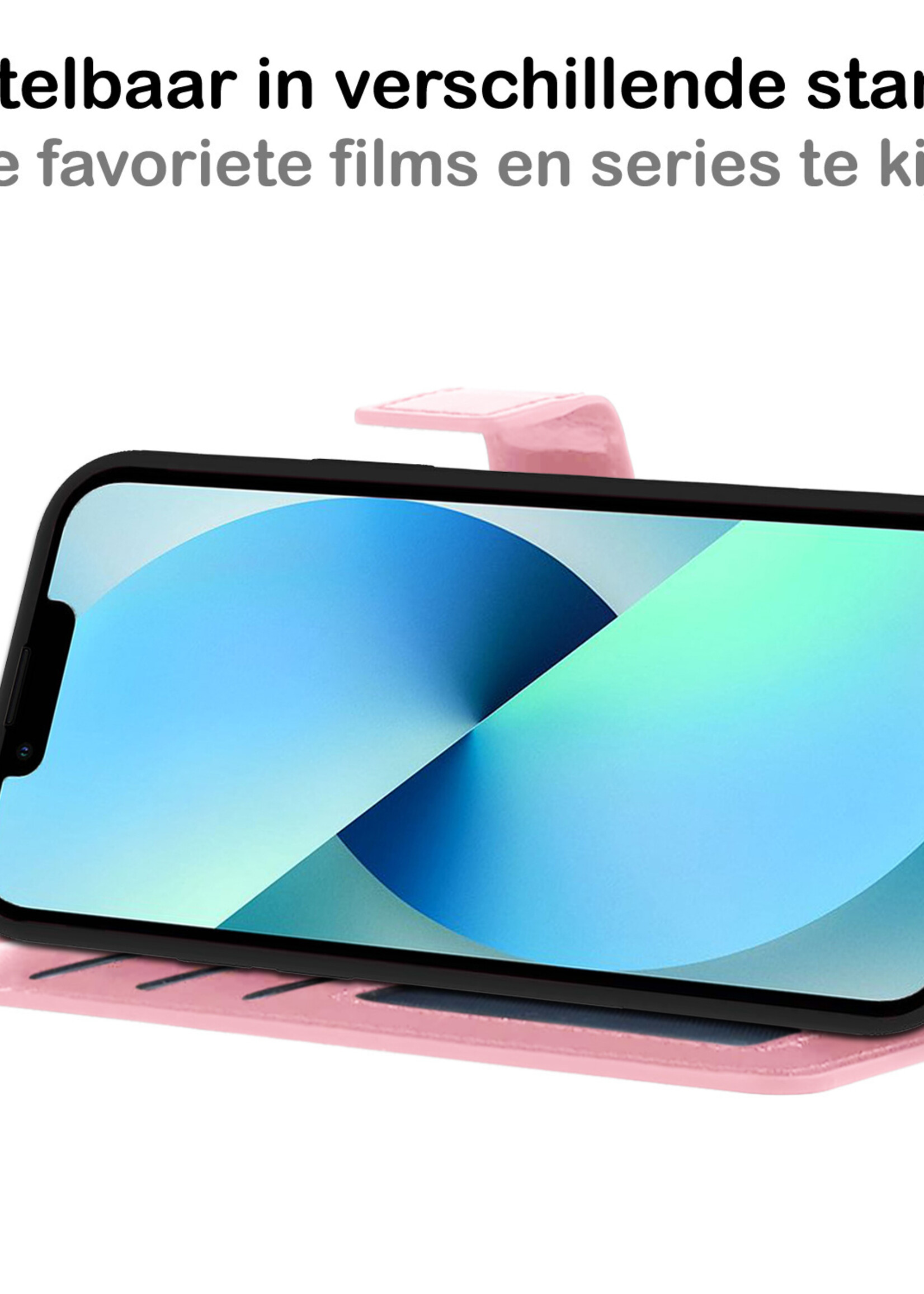 BTH Hoesje Geschikt voor iPhone 13 Hoesje Book Case Hoes Portemonnee Cover Walletcase Met Screenprotector - Hoes Geschikt voor iPhone 13 Hoes Bookcase Hoesje - Lichtroze