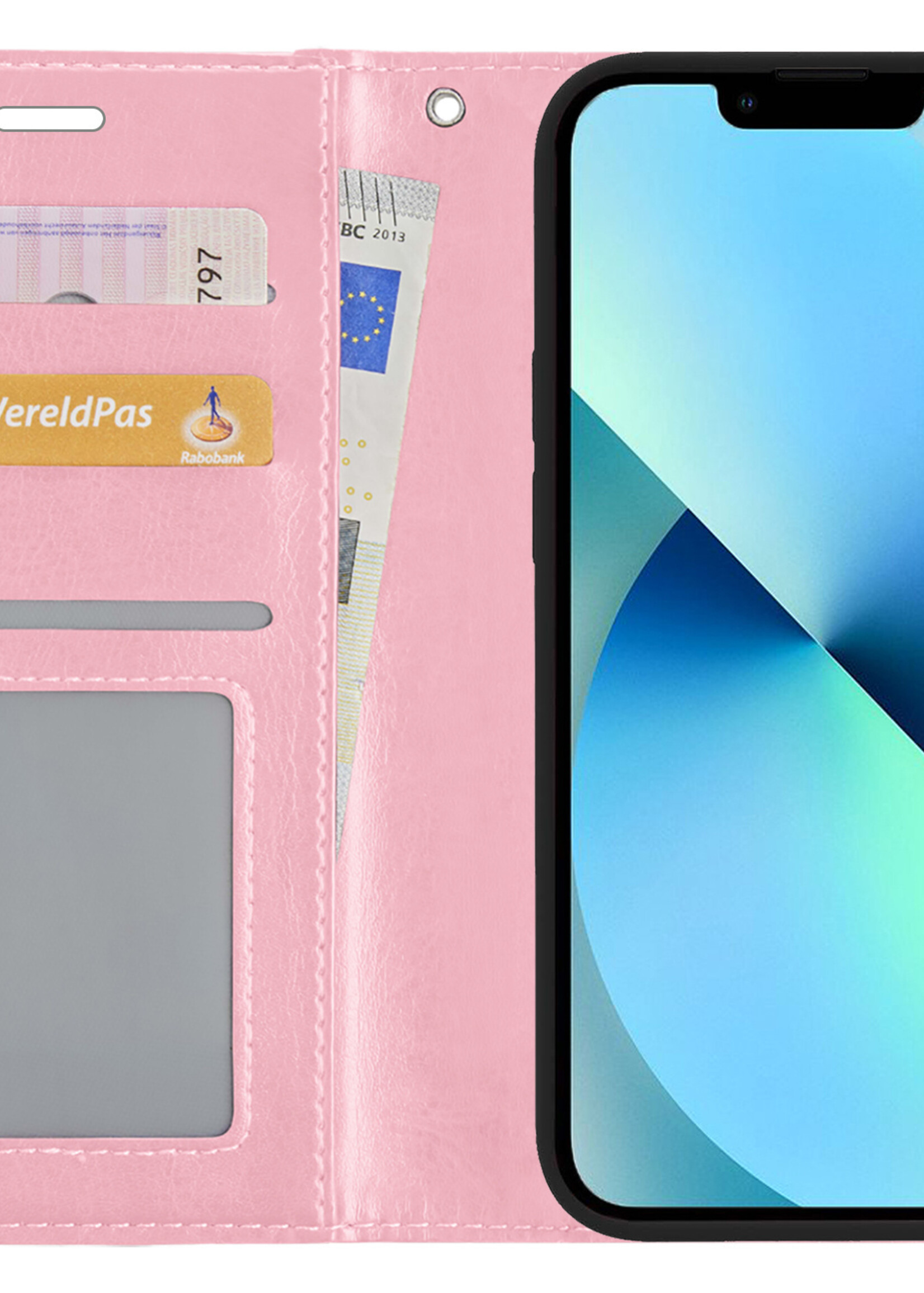 BTH Hoesje Geschikt voor iPhone 13 Hoesje Book Case Hoes Portemonnee Cover Walletcase Met Screenprotector - Hoes Geschikt voor iPhone 13 Hoes Bookcase Hoesje - Lichtroze
