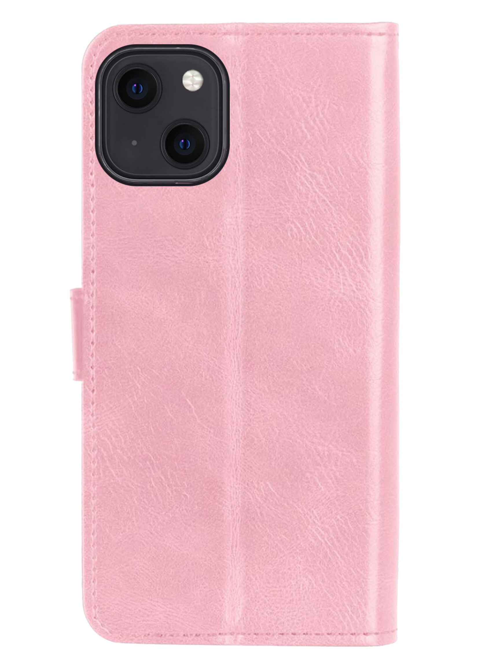 BTH Hoesje Geschikt voor iPhone 13 Hoesje Book Case Hoes Portemonnee Cover Walletcase Met Screenprotector - Hoes Geschikt voor iPhone 13 Hoes Bookcase Hoesje - Lichtroze