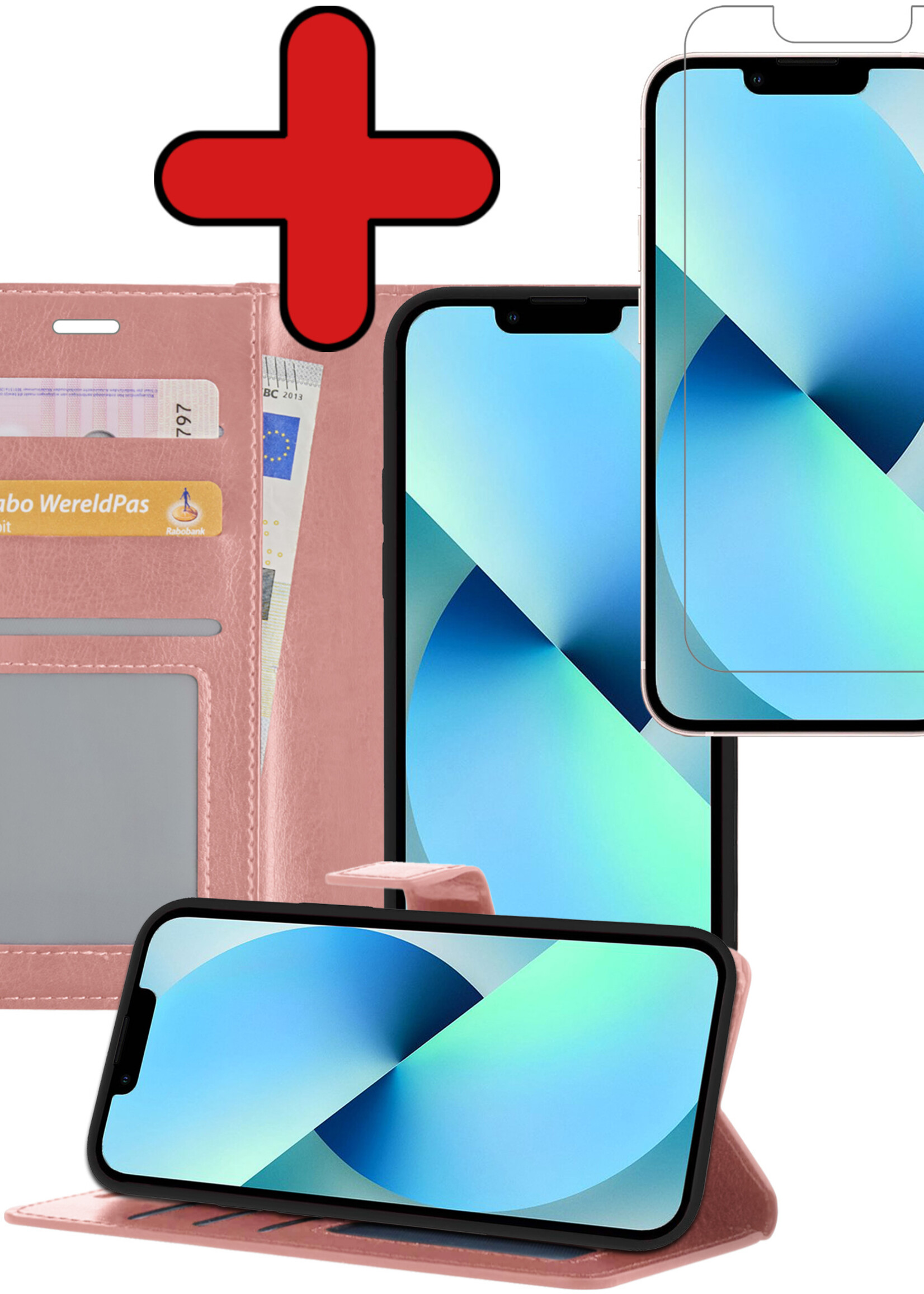 BTH Hoesje Geschikt voor iPhone 13 Hoesje Book Case Hoes Portemonnee Cover Walletcase Met Screenprotector - Hoes Geschikt voor iPhone 13 Hoes Bookcase Hoesje - Rosé goud