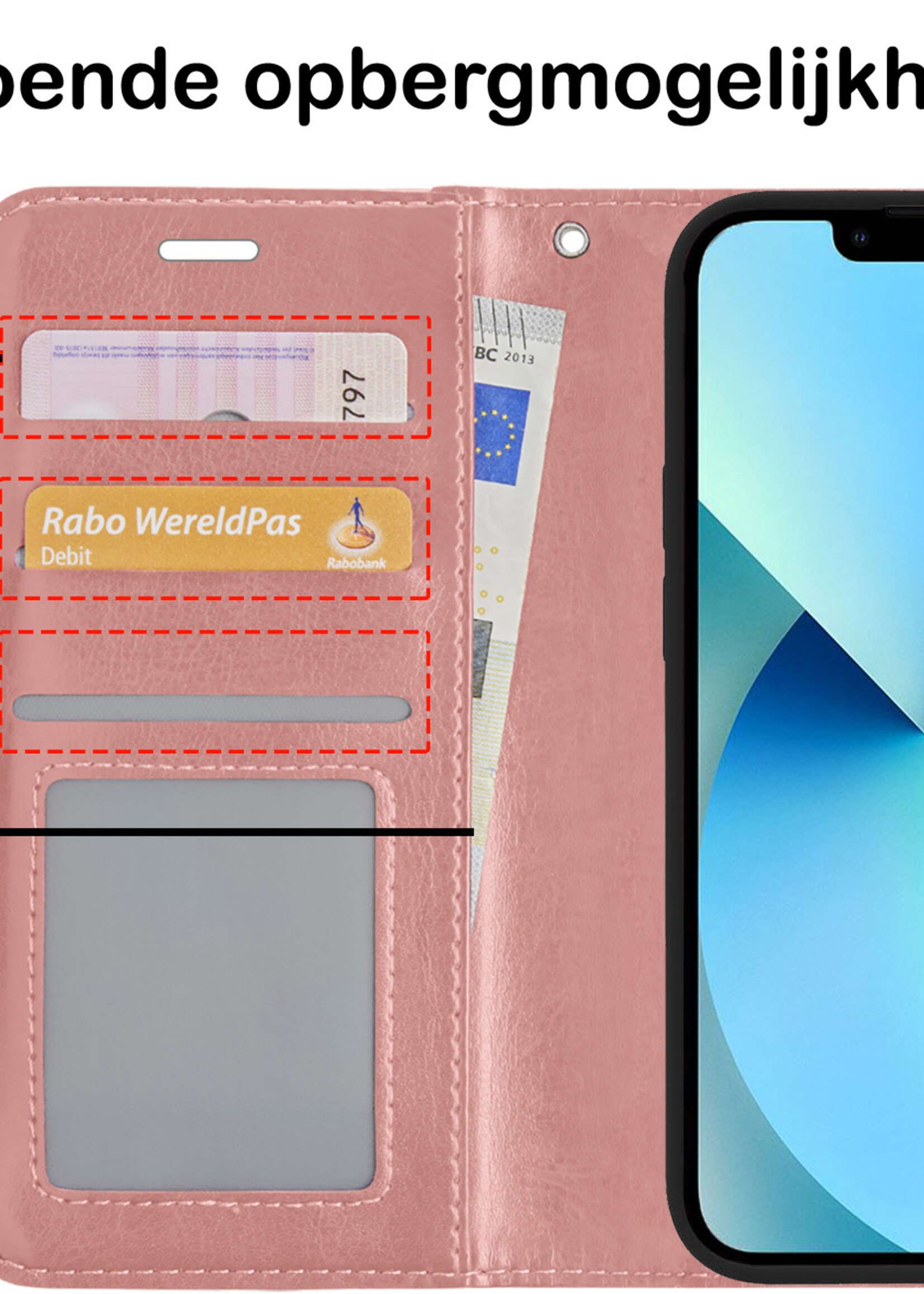 BTH Hoesje Geschikt voor iPhone 13 Hoesje Book Case Hoes Portemonnee Cover Walletcase Met Screenprotector - Hoes Geschikt voor iPhone 13 Hoes Bookcase Hoesje - Rosé goud