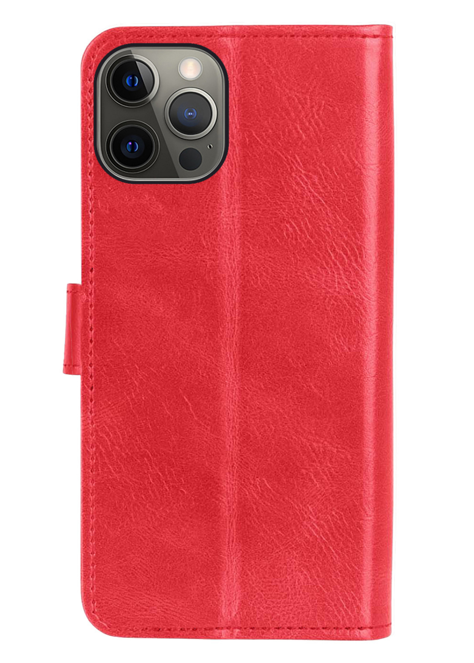 BTH Hoesje Geschikt voor iPhone 13 Pro Hoesje Book Case Hoes Portemonnee Cover Walletcase Met 2x Screenprotector - Hoes Geschikt voor iPhone 13 Pro Hoes Bookcase Hoesje - Rood