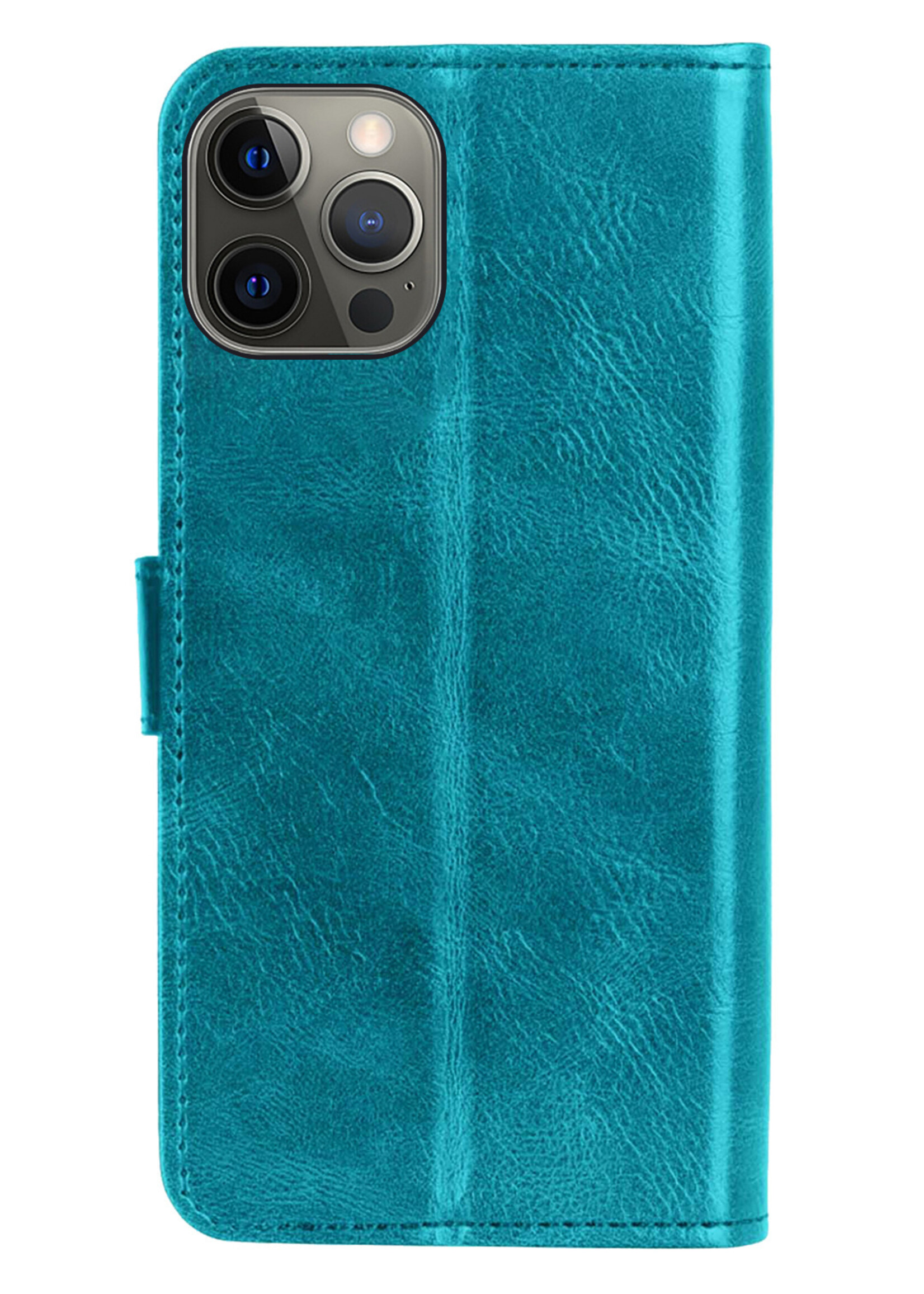 BTH Hoesje Geschikt voor iPhone 13 Pro Hoesje Book Case Hoes Portemonnee Cover Walletcase Met 2x Screenprotector - Hoes Geschikt voor iPhone 13 Pro Hoes Bookcase Hoesje - Turquoise