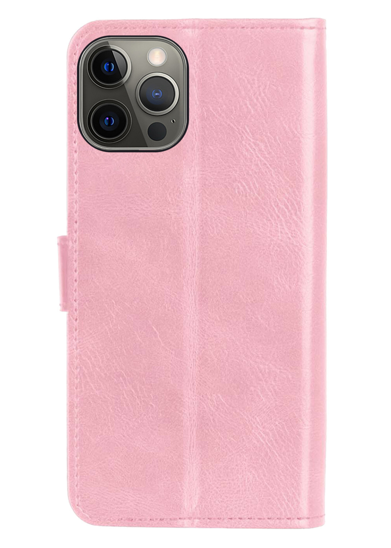 BTH Hoesje Geschikt voor iPhone 13 Pro Max Hoesje Book Case Hoes Portemonnee Cover Walletcase Met Screenprotector - Hoes Geschikt voor iPhone 13 Pro Max Hoes Bookcase Hoesje - Lichtroze