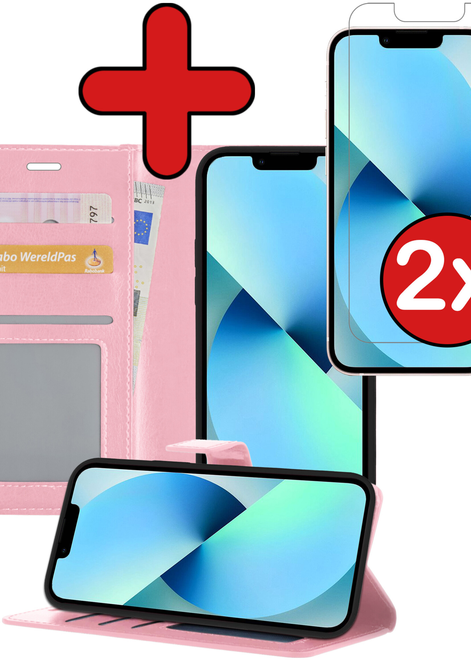 BTH Hoesje Geschikt voor iPhone 13 Pro Max Hoesje Book Case Hoes Portemonnee Cover Walletcase Met 2x Screenprotector - Hoes Geschikt voor iPhone 13 Pro Max Hoes Bookcase Hoesje - Lichtroze