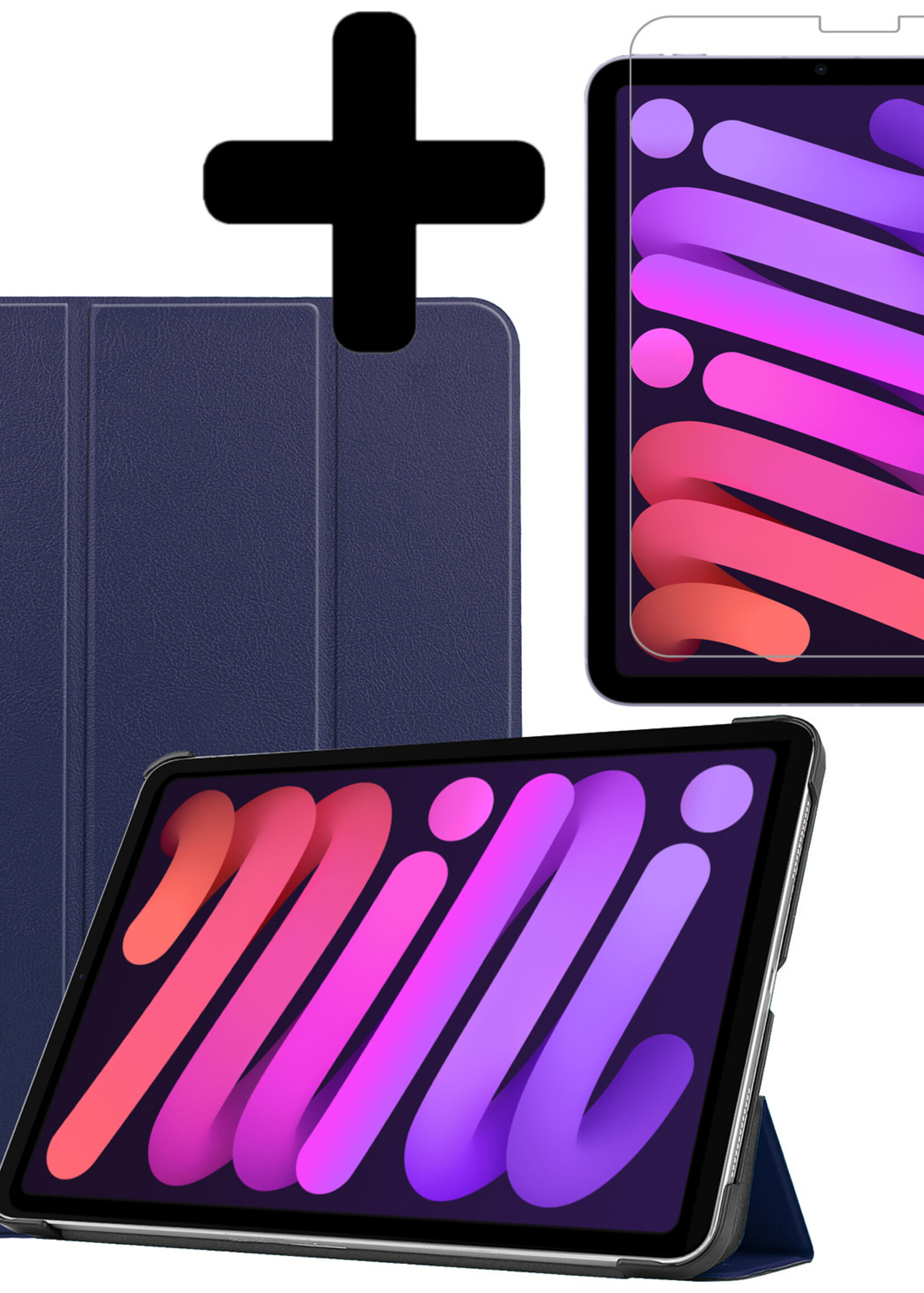 BTH Hoes Geschikt voor iPad Mini 6 Hoes Book Case Hoesje Trifold Cover Met Screenprotector - Hoesje Geschikt voor iPad Mini 6 Hoesje Bookcase - Donkerblauw