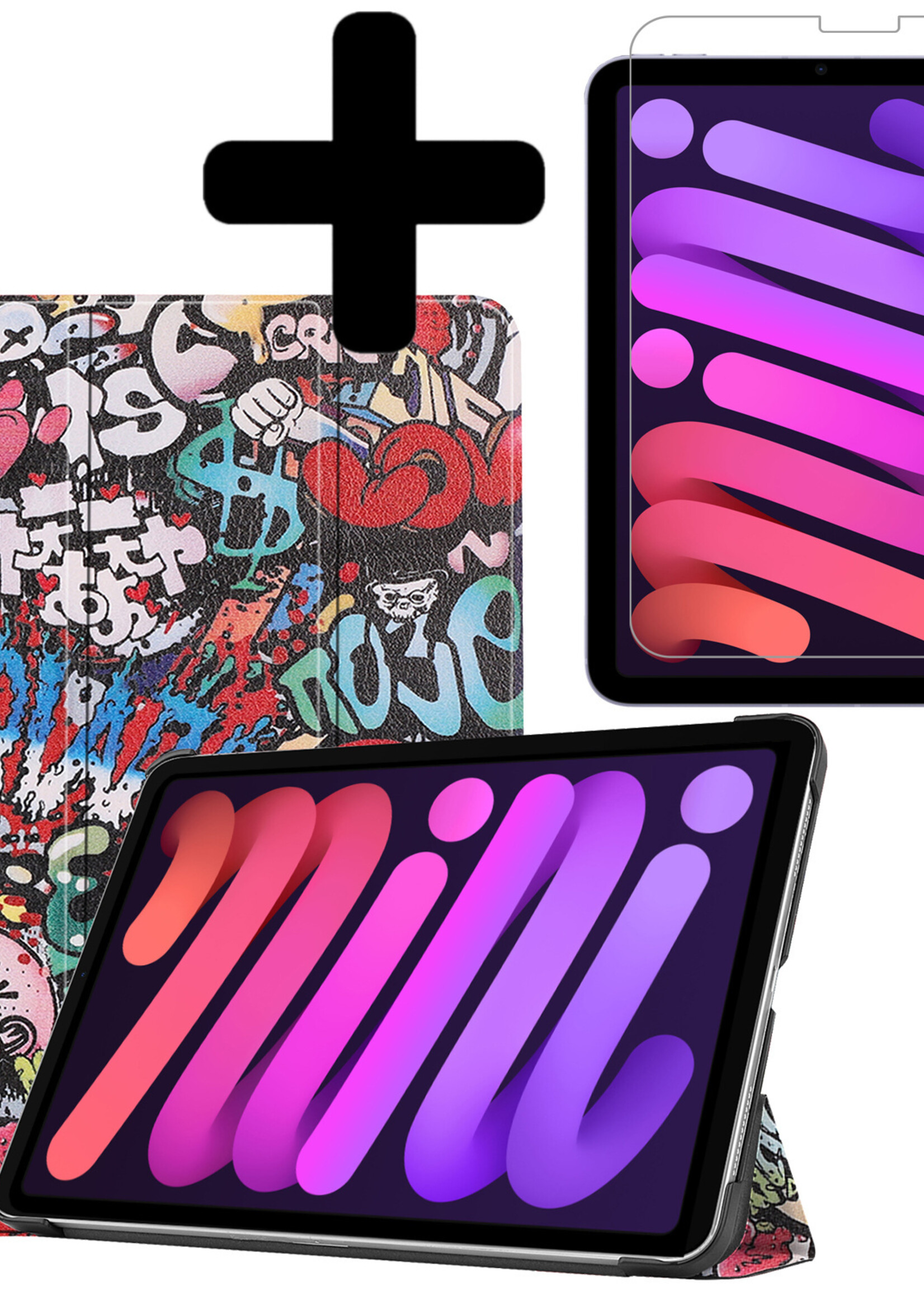 BTH Hoes Geschikt voor iPad Mini 6 Hoes Book Case Hoesje Trifold Cover Met Screenprotector - Hoesje Geschikt voor iPad Mini 6 Hoesje Bookcase - Graffity