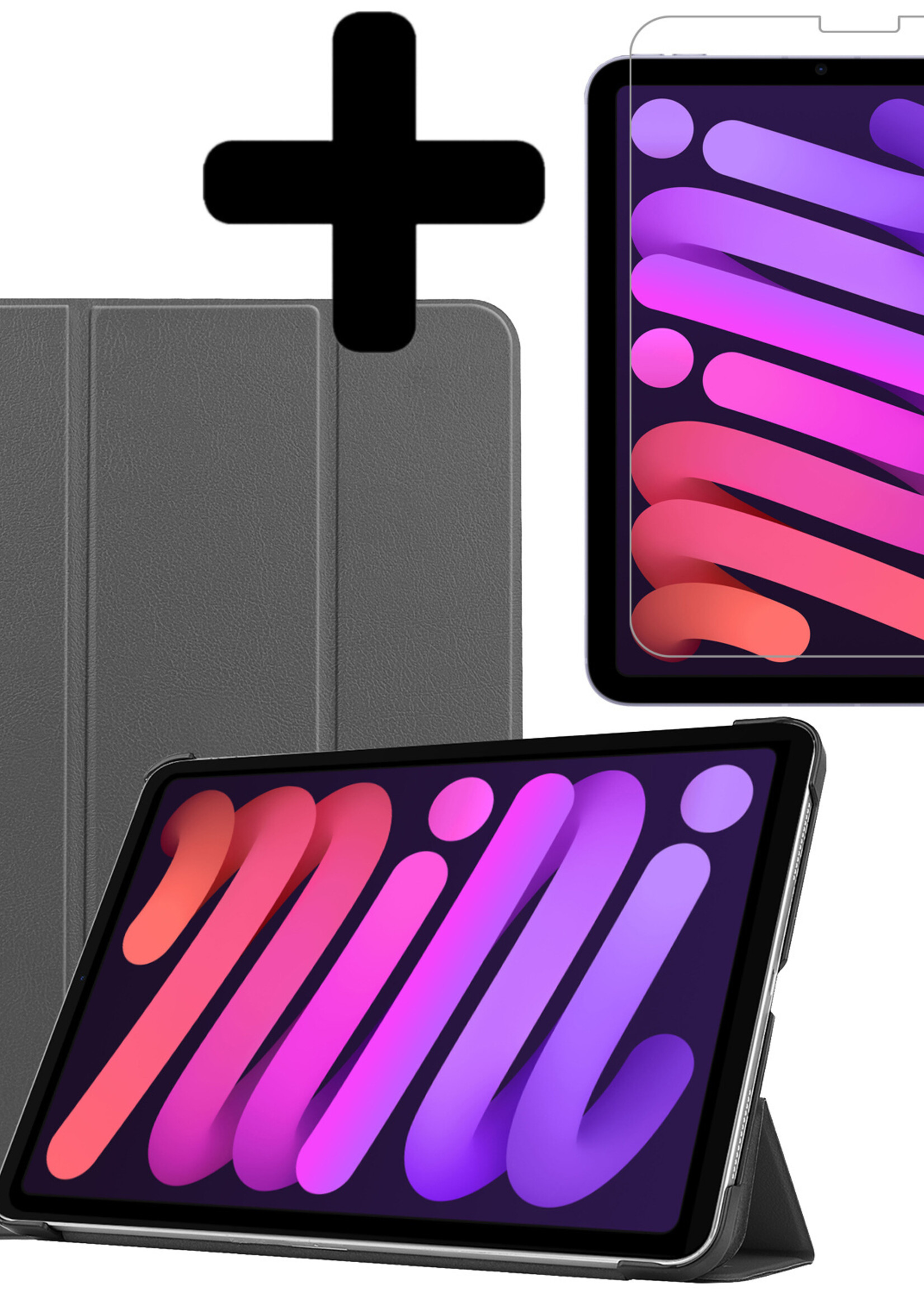 BTH Hoes Geschikt voor iPad Mini 6 Hoes Book Case Hoesje Trifold Cover Met Screenprotector - Hoesje Geschikt voor iPad Mini 6 Hoesje Bookcase - Grijs