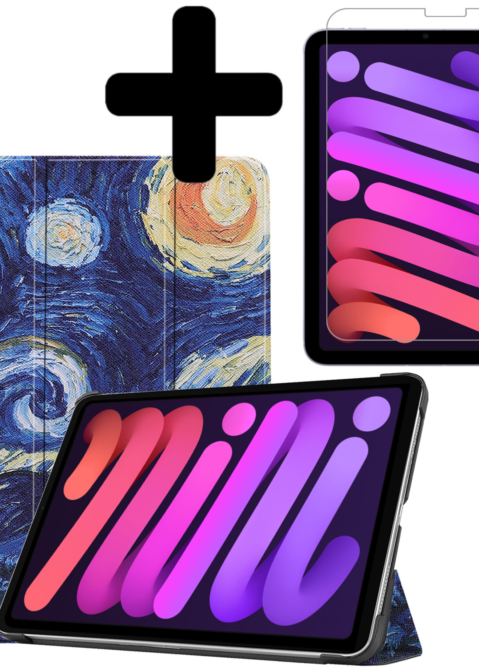 BTH Hoes Geschikt voor iPad Mini 6 Hoes Book Case Hoesje Trifold Cover Met Screenprotector - Hoesje Geschikt voor iPad Mini 6 Hoesje Bookcase - Sterrenhemel