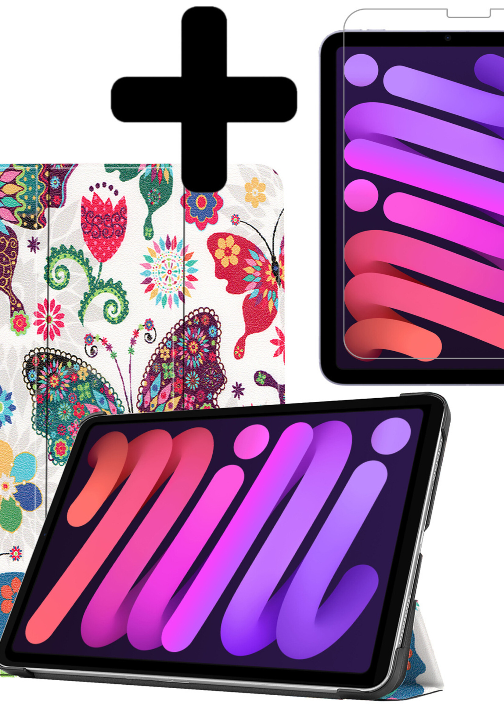 BTH Hoes Geschikt voor iPad Mini 6 Hoes Book Case Hoesje Trifold Cover Met Screenprotector - Hoesje Geschikt voor iPad Mini 6 Hoesje Bookcase - Vlinders