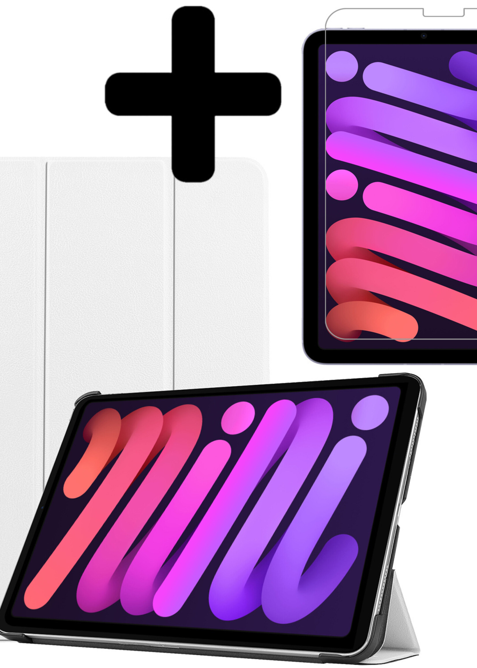 BTH Hoes Geschikt voor iPad Mini 6 Hoes Book Case Hoesje Trifold Cover Met Screenprotector - Hoesje Geschikt voor iPad Mini 6 Hoesje Bookcase - Wit