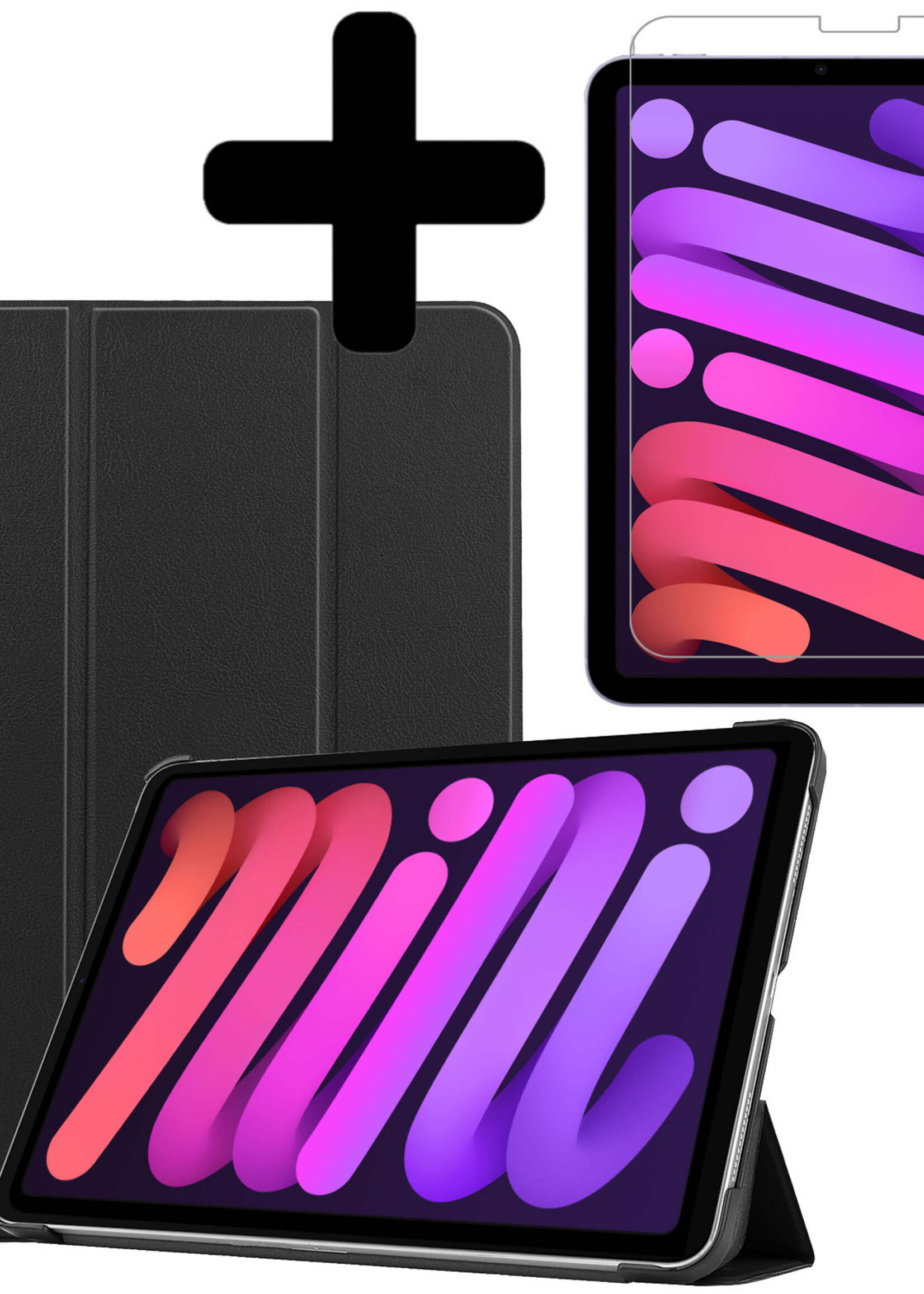 BTH Hoes Geschikt voor iPad Mini 6 Hoes Book Case Hoesje Trifold Cover Met Screenprotector - Hoesje Geschikt voor iPad Mini 6 Hoesje Bookcase - Zwart