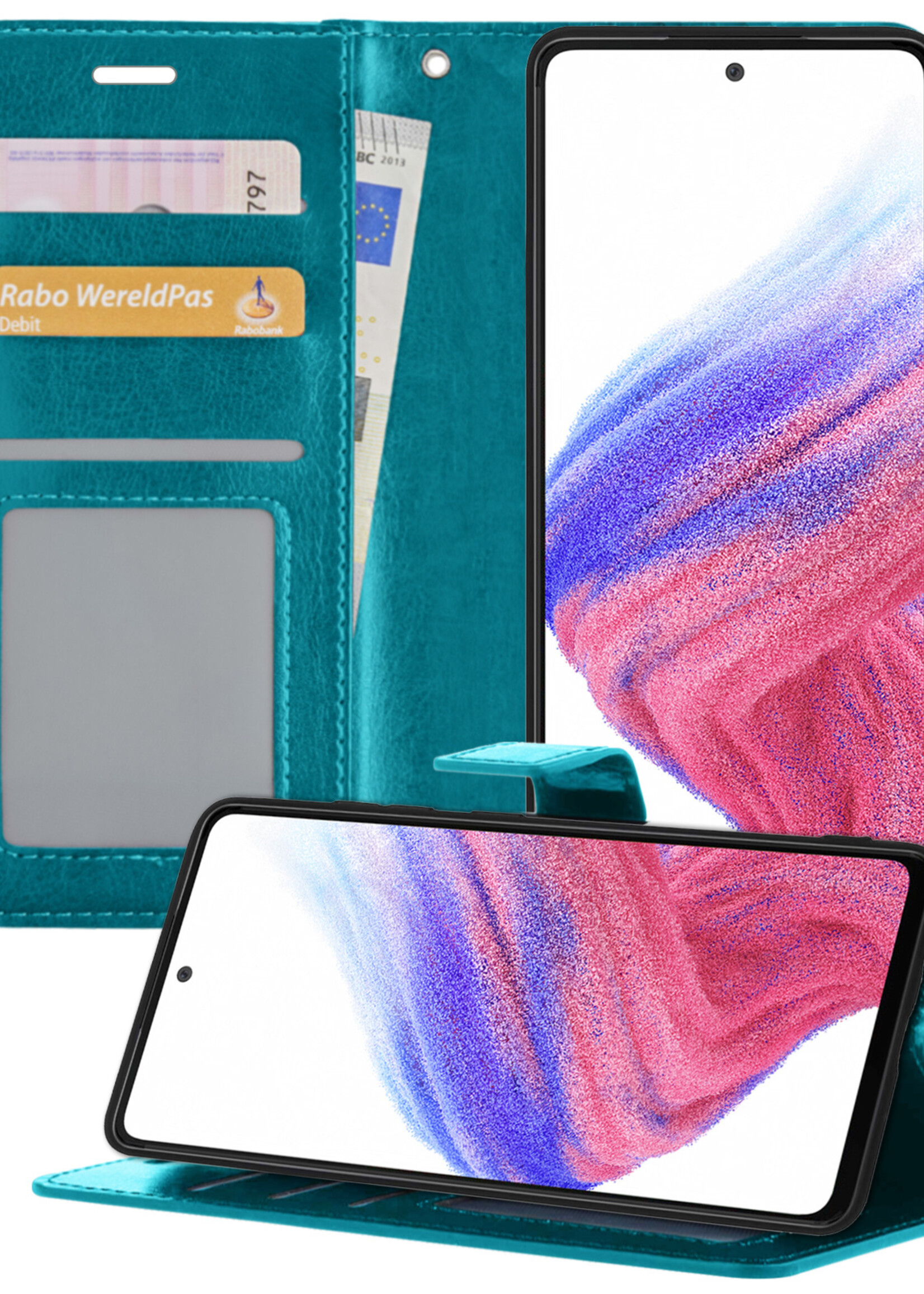 BTH Samsung A53 Hoesje Book Case Hoes - Samsung Galaxy A53 Case Hoesje Portemonnee Cover - Samsung A53 Hoes Wallet Case Hoesje - Turquoise