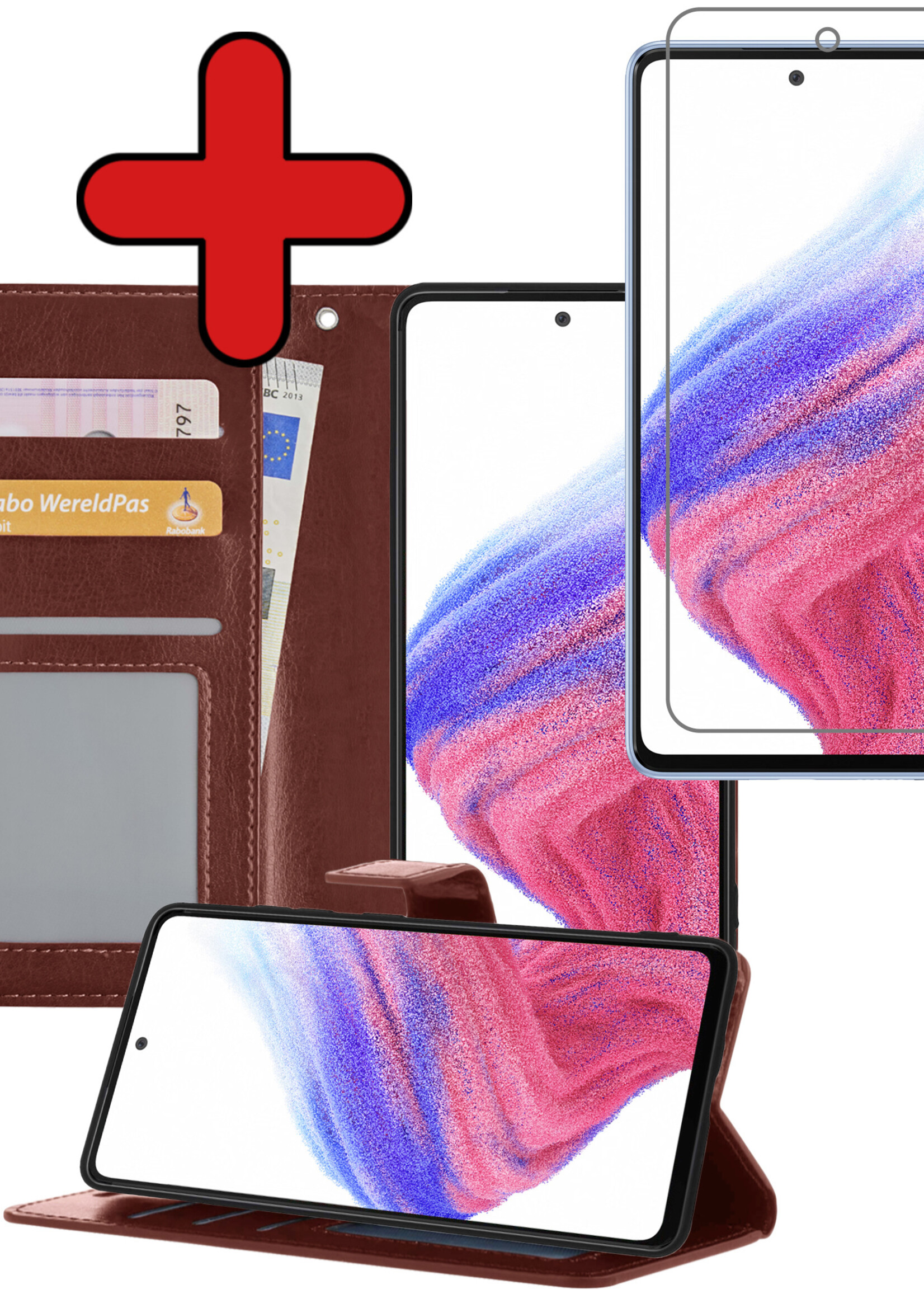 BTH Hoesje Geschikt voor Samsung A53 Hoesje Book Case Hoes Portemonnee Cover Walletcase Met Screenprotector - Hoes Geschikt voor Samsung Galaxy A53 Hoes Bookcase Hoesje - Bruin