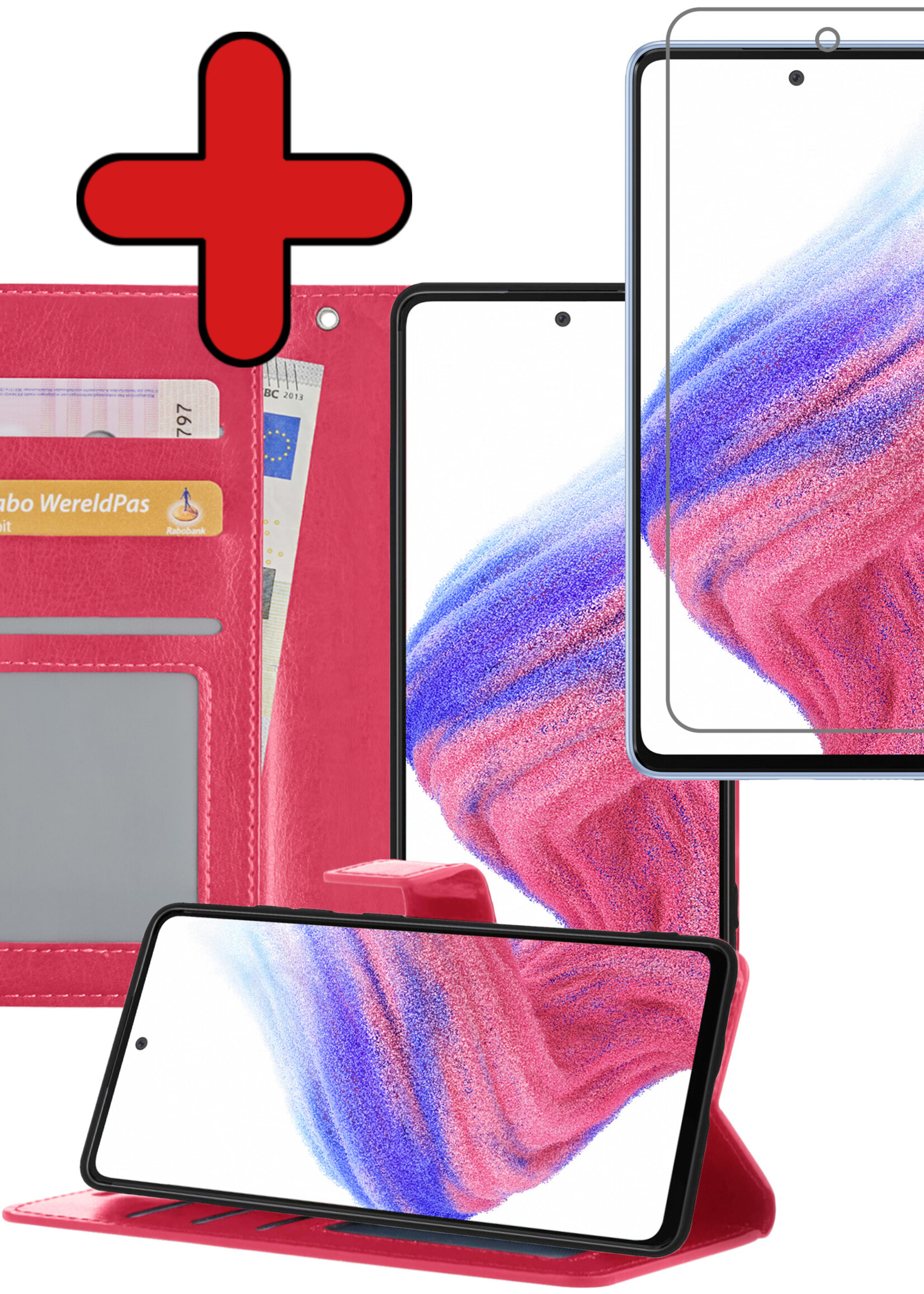 BTH Hoesje Geschikt voor Samsung A53 Hoesje Book Case Hoes Portemonnee Cover Walletcase Met Screenprotector - Hoes Geschikt voor Samsung Galaxy A53 Hoes Bookcase Hoesje - Donkerroze