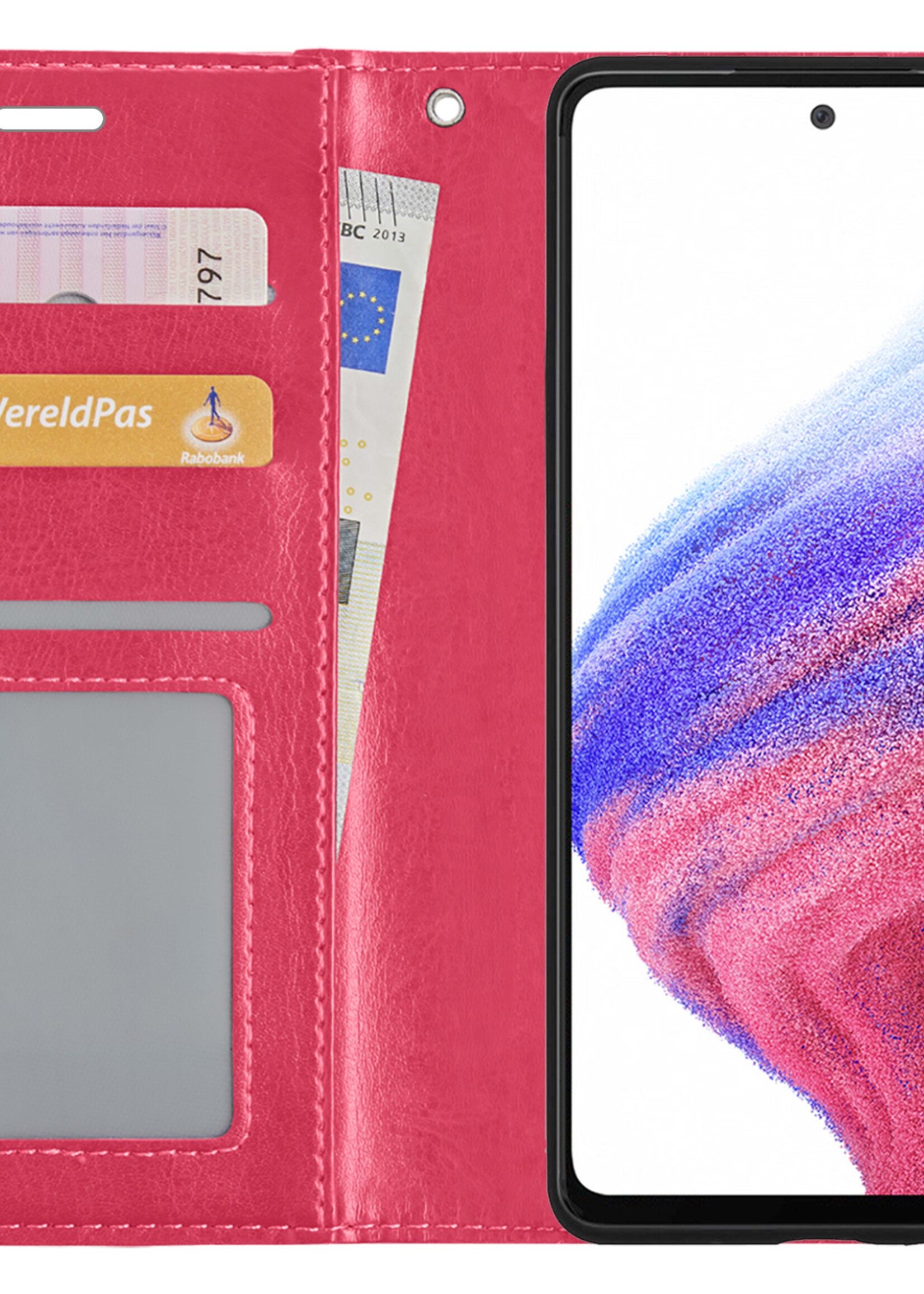 BTH Hoesje Geschikt voor Samsung A53 Hoesje Book Case Hoes Portemonnee Cover Walletcase Met Screenprotector - Hoes Geschikt voor Samsung Galaxy A53 Hoes Bookcase Hoesje - Donkerroze