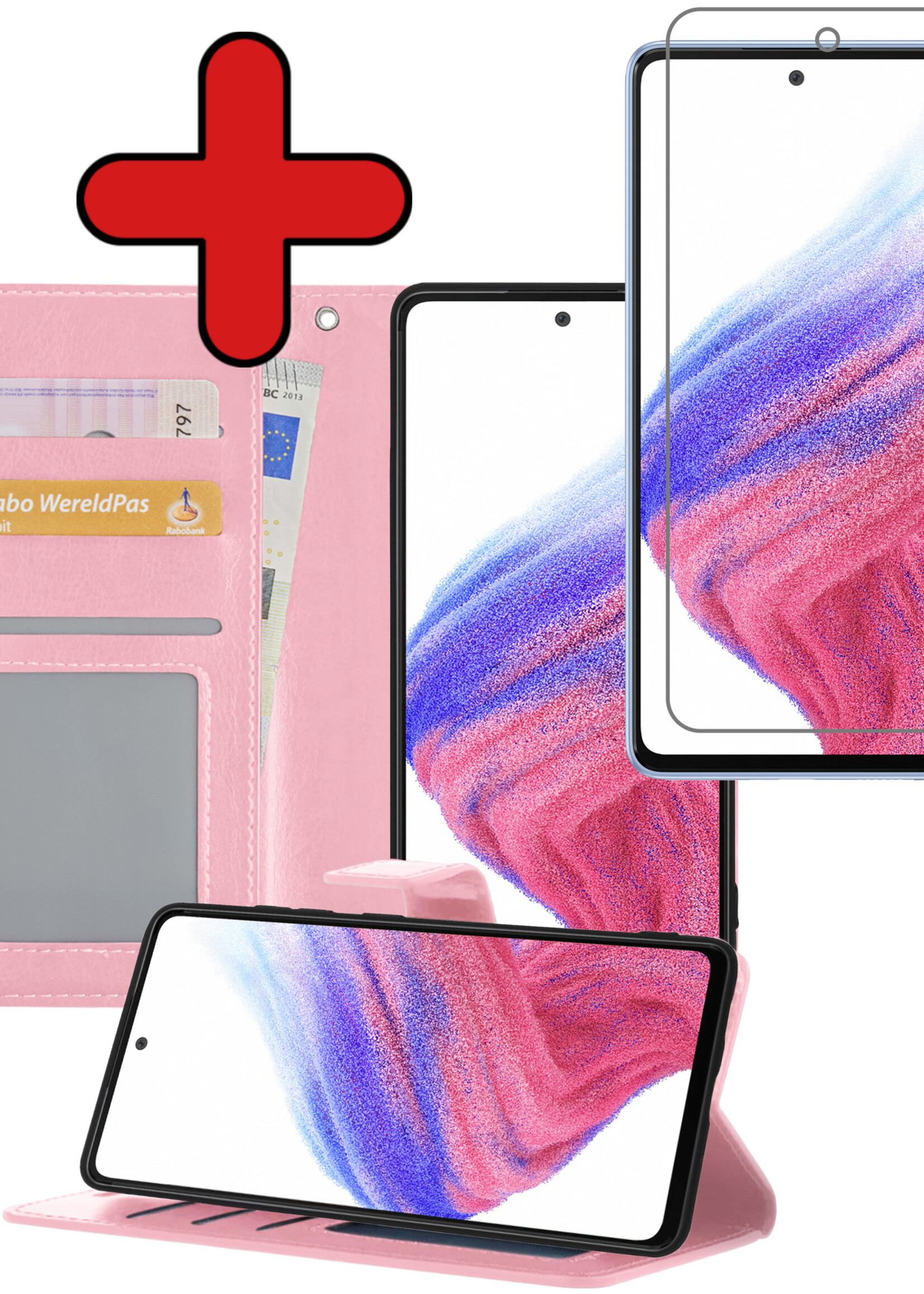 BTH Hoesje Geschikt voor Samsung A53 Hoesje Book Case Hoes Portemonnee Cover Walletcase Met Screenprotector - Hoes Geschikt voor Samsung Galaxy A53 Hoes Bookcase Hoesje - Lichtroze