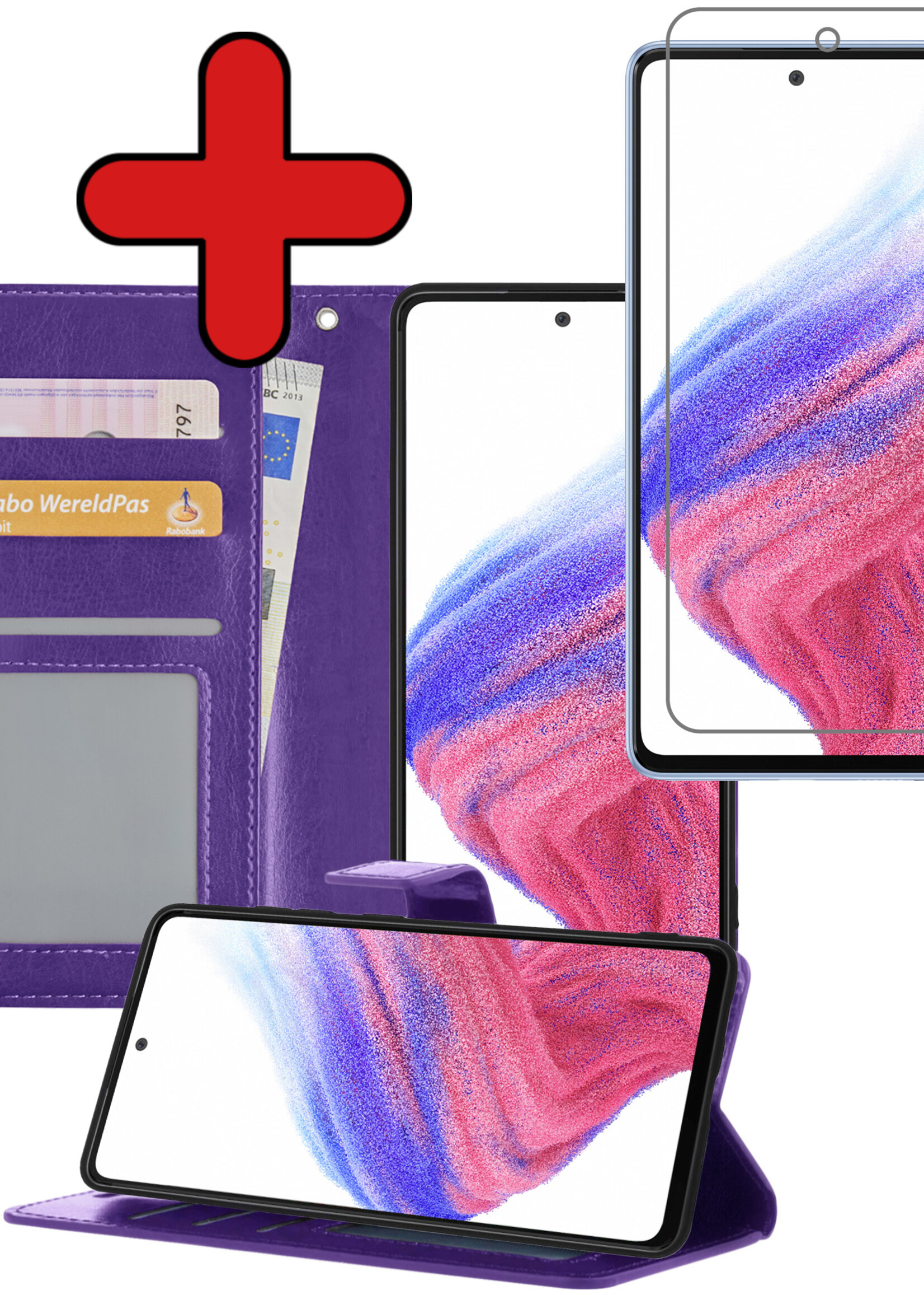 BTH Hoesje Geschikt voor Samsung A53 Hoesje Book Case Hoes Portemonnee Cover Walletcase Met Screenprotector - Hoes Geschikt voor Samsung Galaxy A53 Hoes Bookcase Hoesje - Paars