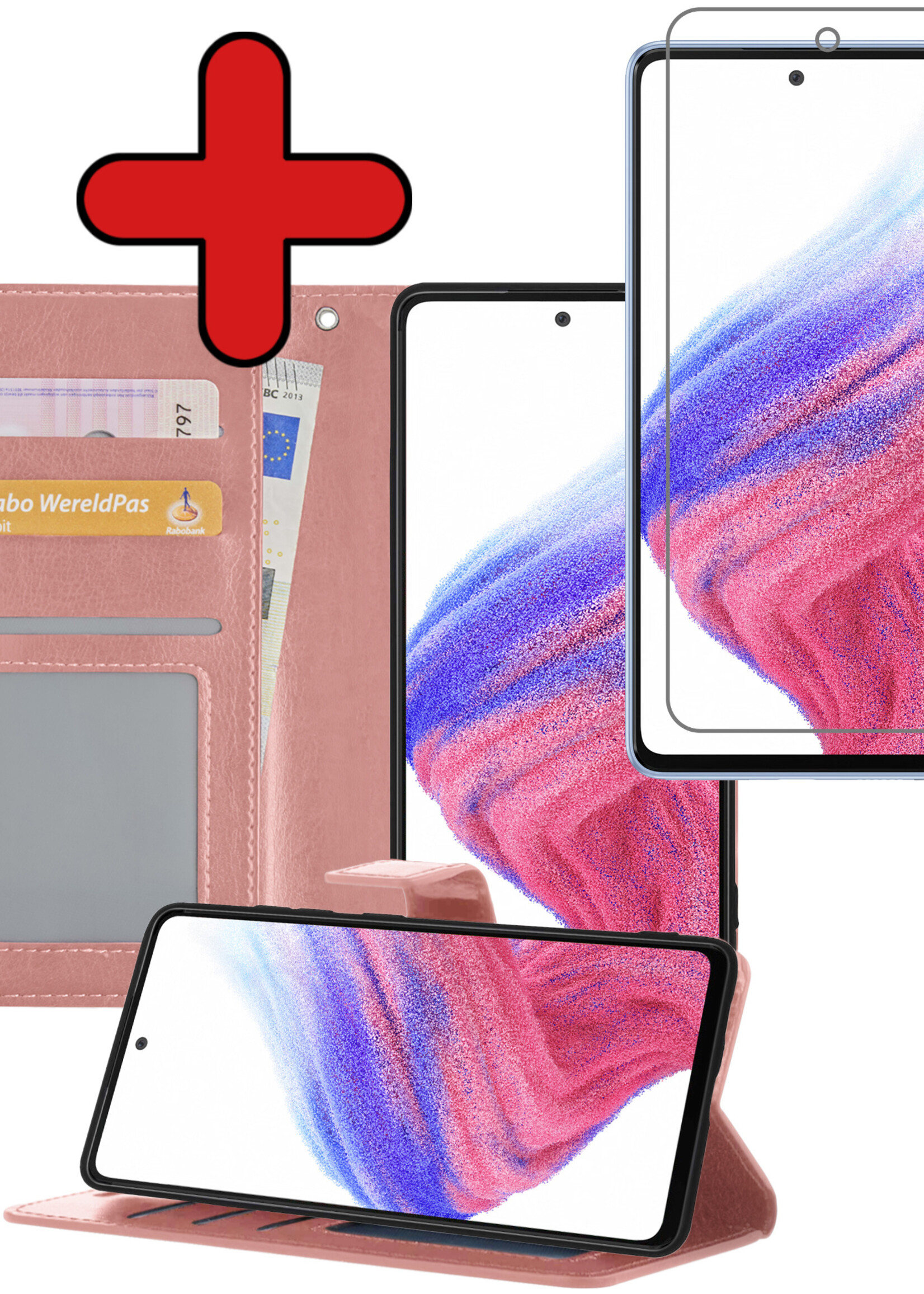 BTH Hoesje Geschikt voor Samsung A53 Hoesje Book Case Hoes Portemonnee Cover Walletcase Met Screenprotector - Hoes Geschikt voor Samsung Galaxy A53 Hoes Bookcase Hoesje - Rosé goud
