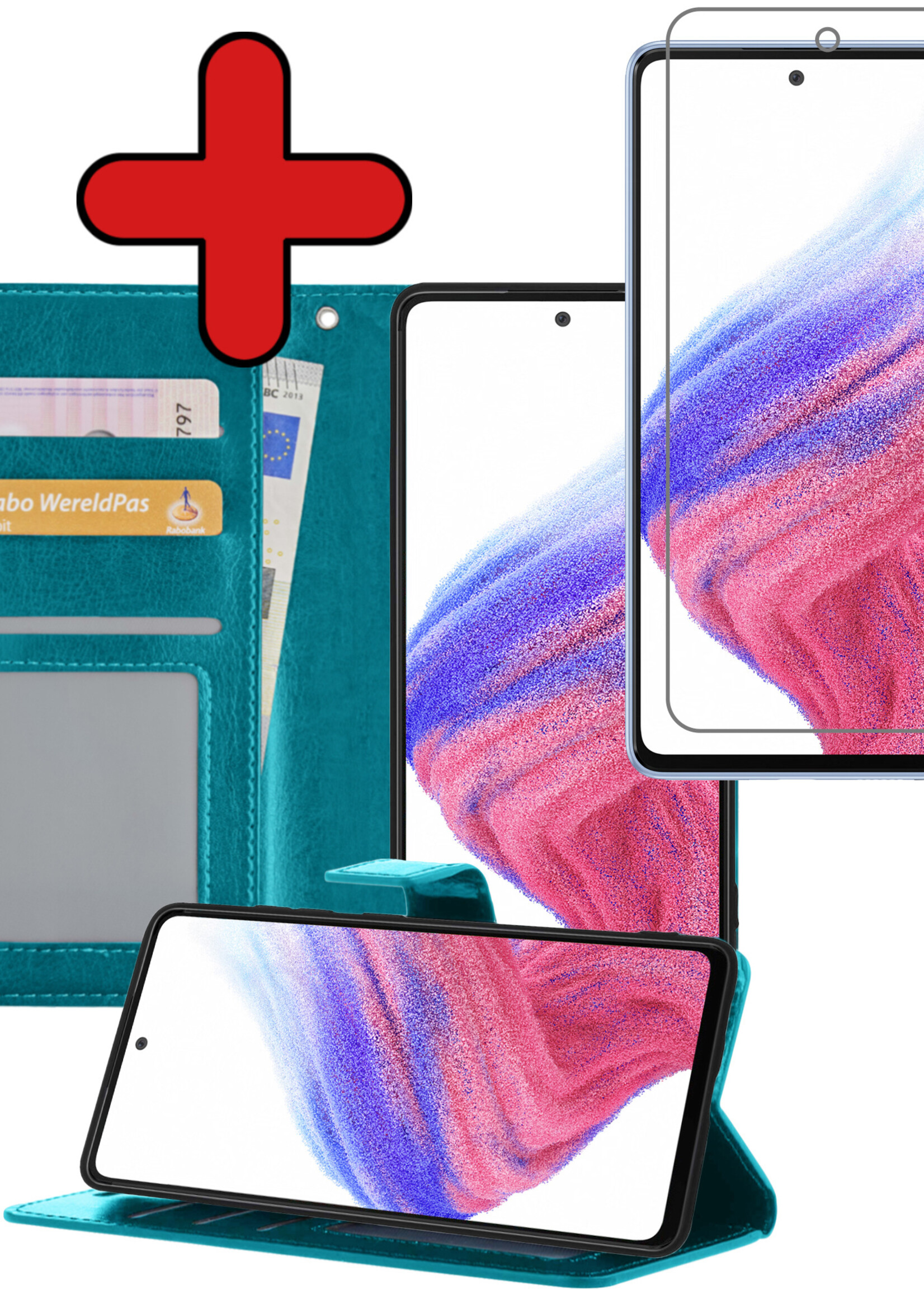 BTH Hoesje Geschikt voor Samsung A53 Hoesje Book Case Hoes Portemonnee Cover Walletcase Met Screenprotector - Hoes Geschikt voor Samsung Galaxy A53 Hoes Bookcase Hoesje - Turquoise