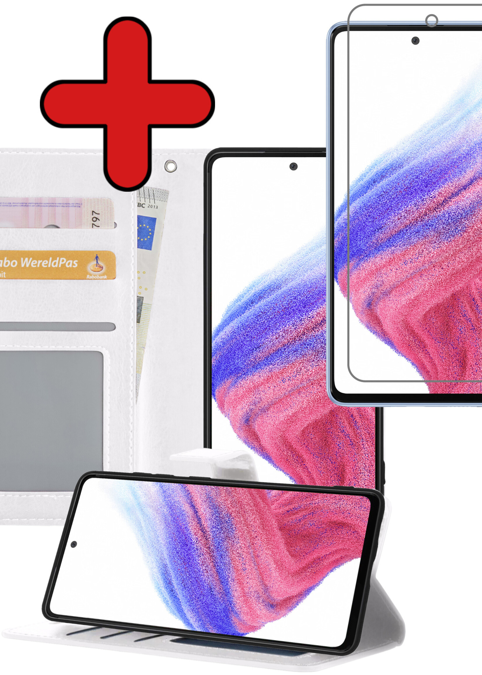 BTH Hoesje Geschikt voor Samsung A53 Hoesje Book Case Hoes Portemonnee Cover Walletcase Met Screenprotector - Hoes Geschikt voor Samsung Galaxy A53 Hoes Bookcase Hoesje - Wit