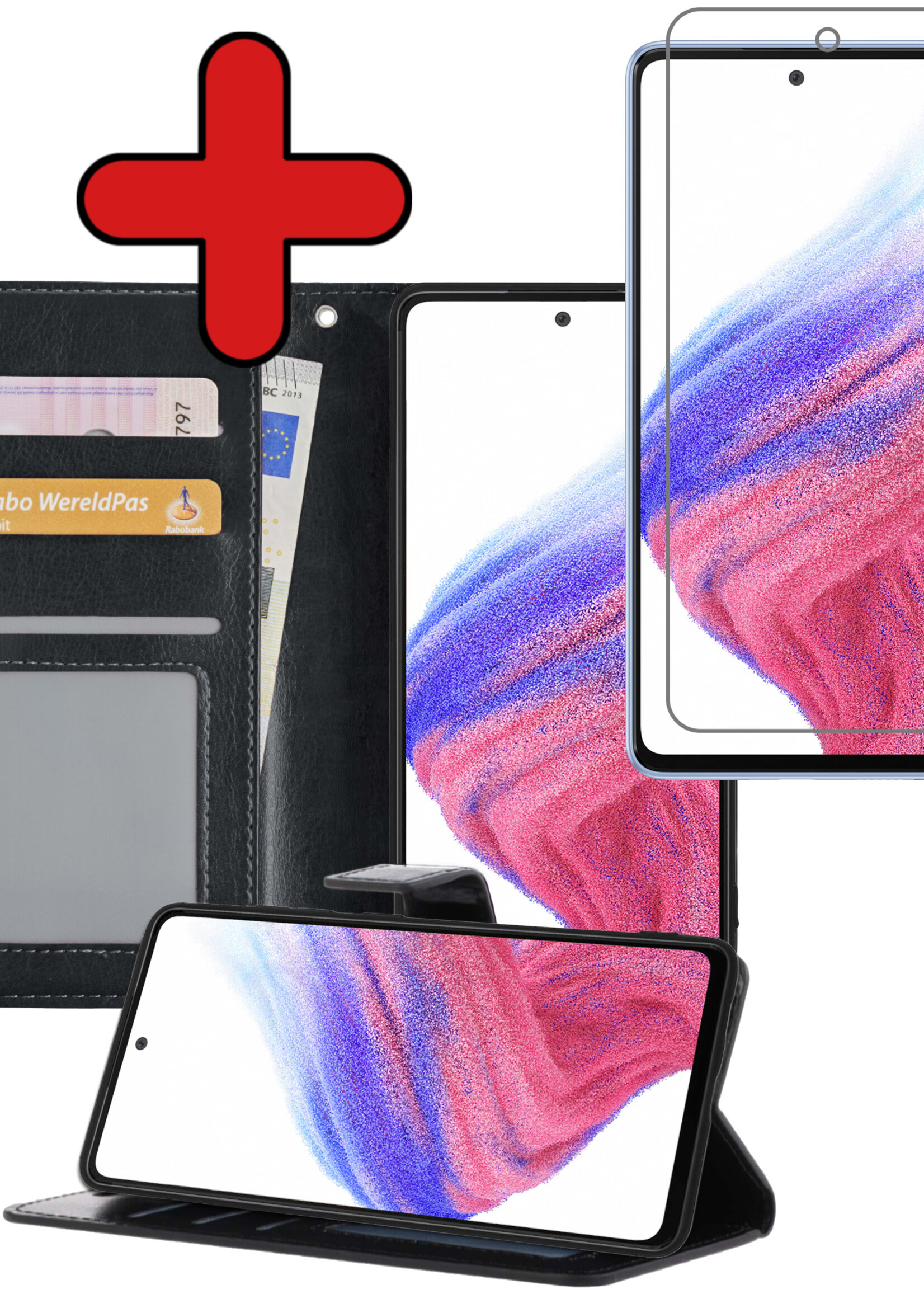 BTH Hoesje Geschikt voor Samsung A53 Hoesje Book Case Hoes Portemonnee Cover Walletcase Met Screenprotector - Hoes Geschikt voor Samsung Galaxy A53 Hoes Bookcase Hoesje - Zwart