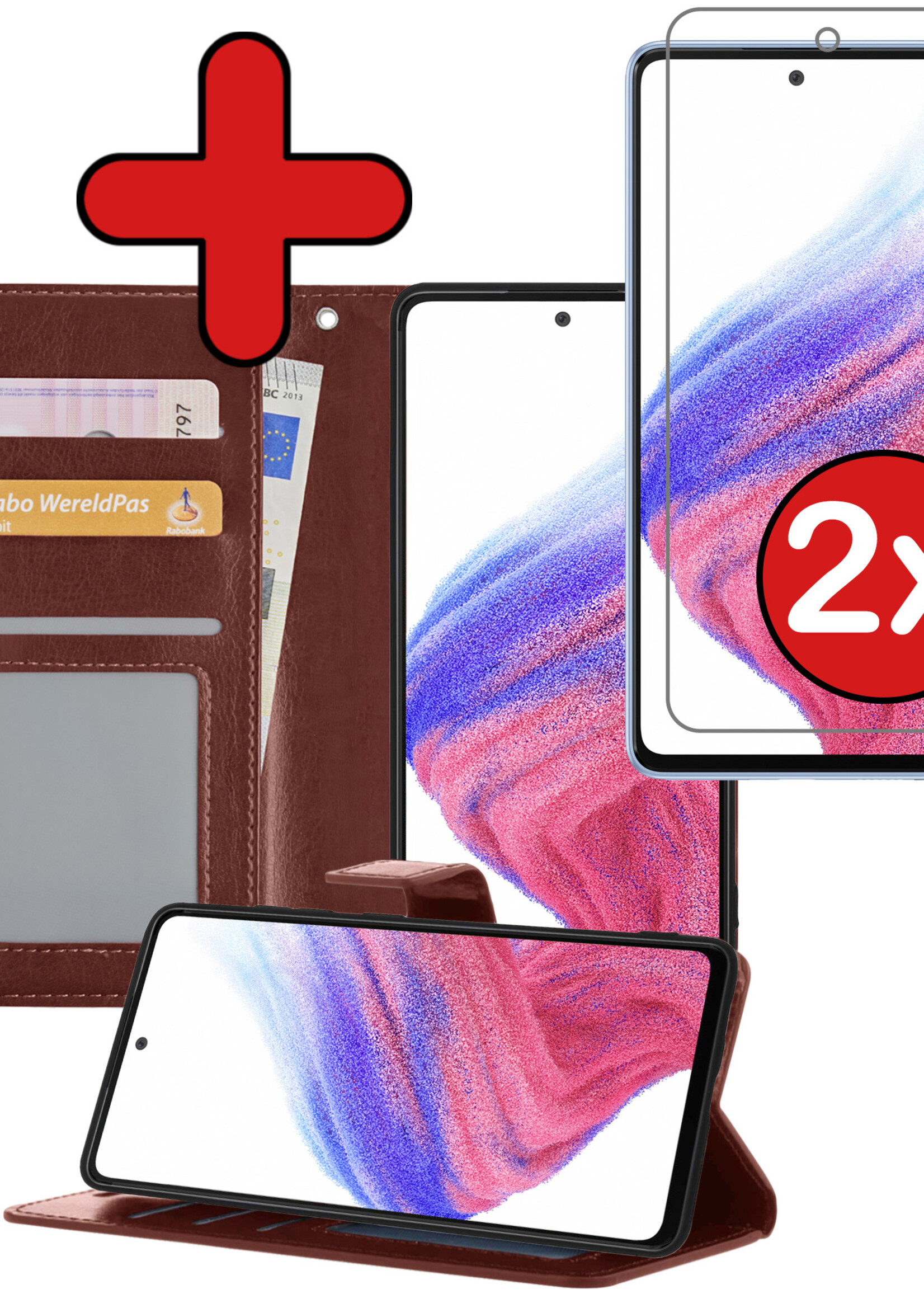 BTH Hoesje Geschikt voor Samsung A53 Hoesje Book Case Hoes Portemonnee Cover Walletcase Met 2x Screenprotector - Hoes Geschikt voor Samsung Galaxy A53 Hoes Bookcase Hoesje - Bruin