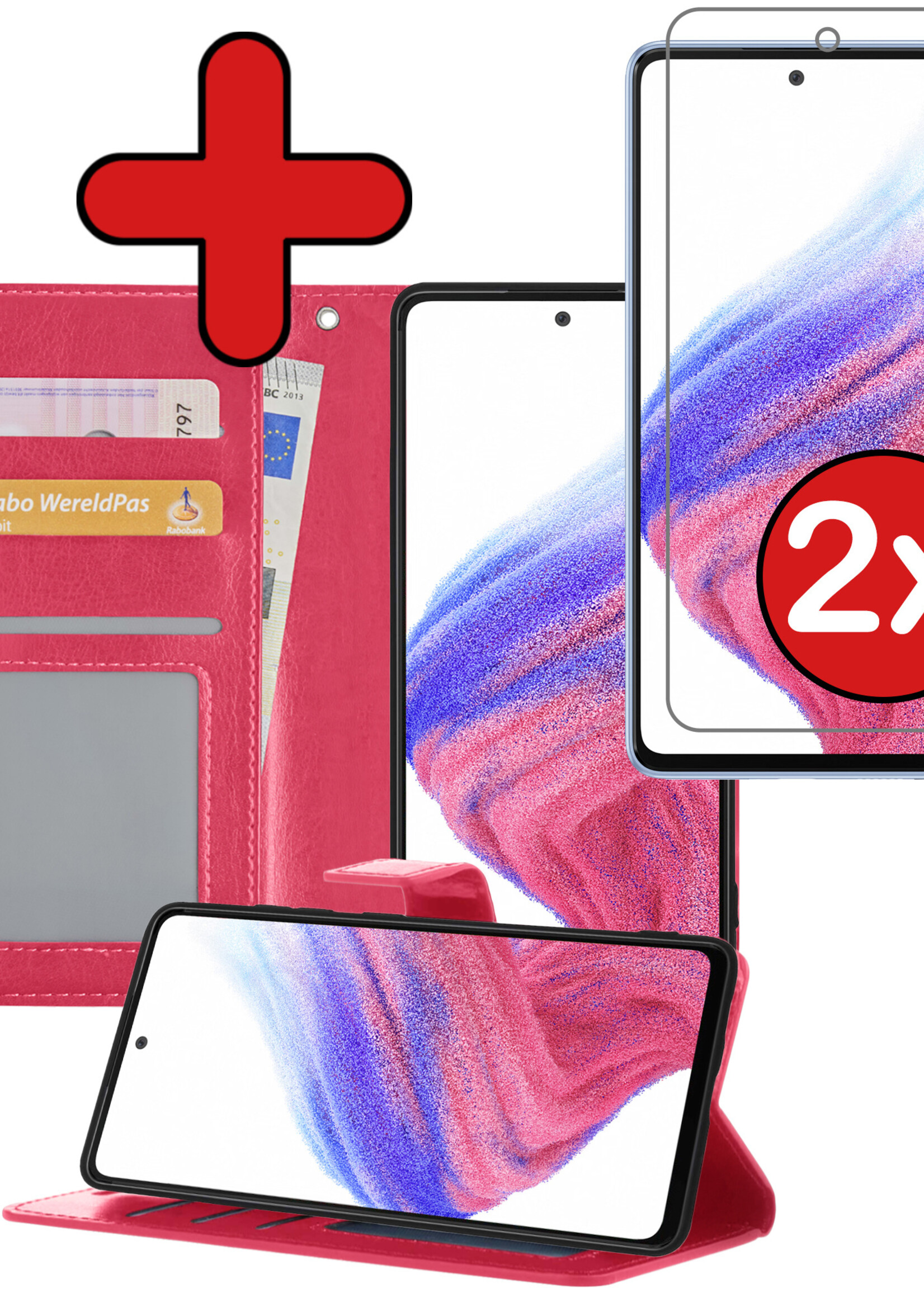 BTH Hoesje Geschikt voor Samsung A53 Hoesje Book Case Hoes Portemonnee Cover Walletcase Met 2x Screenprotector - Hoes Geschikt voor Samsung Galaxy A53 Hoes Bookcase Hoesje - Donkerroze