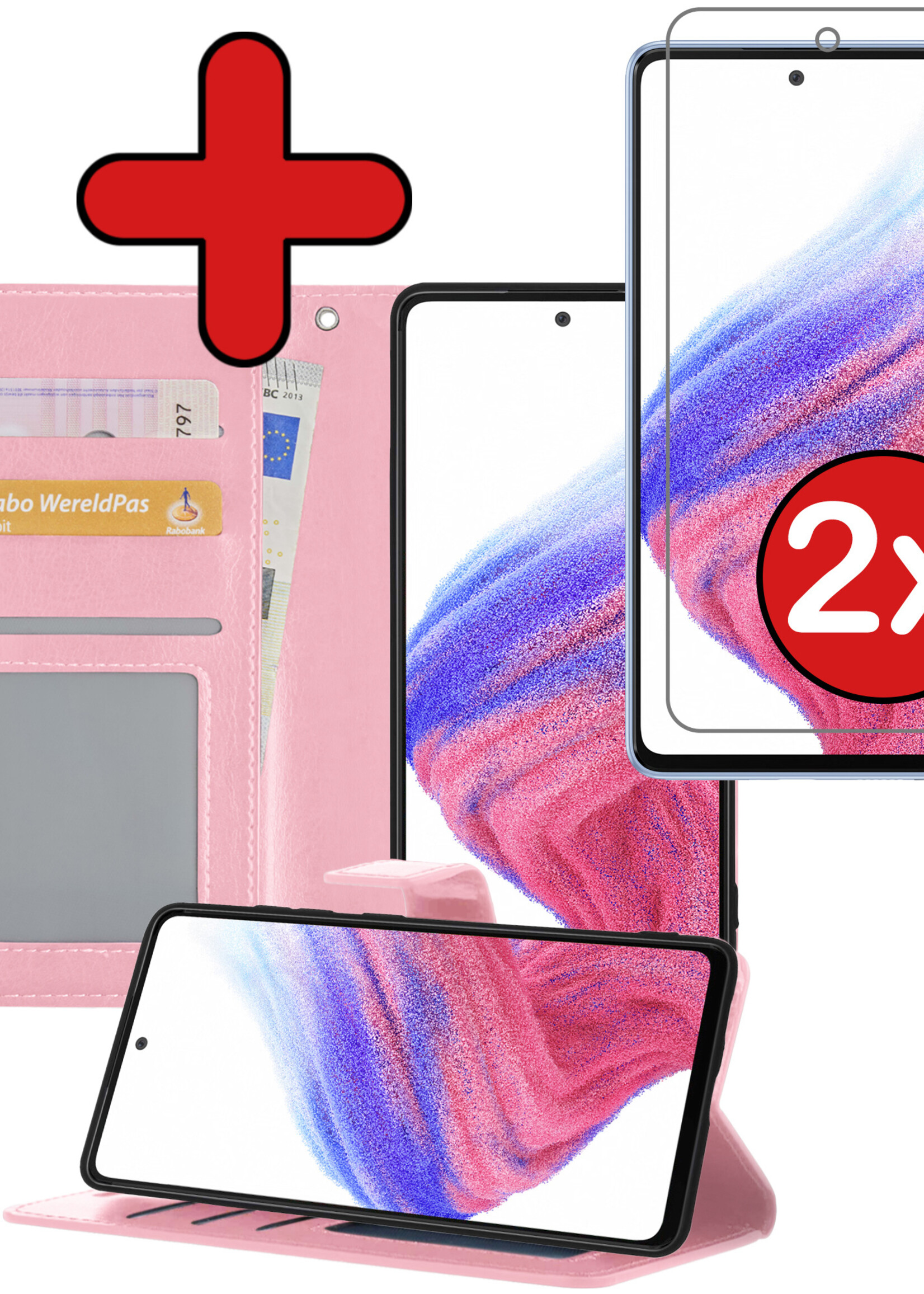 BTH Hoesje Geschikt voor Samsung A53 Hoesje Book Case Hoes Portemonnee Cover Walletcase Met 2x Screenprotector - Hoes Geschikt voor Samsung Galaxy A53 Hoes Bookcase Hoesje - Lichtroze