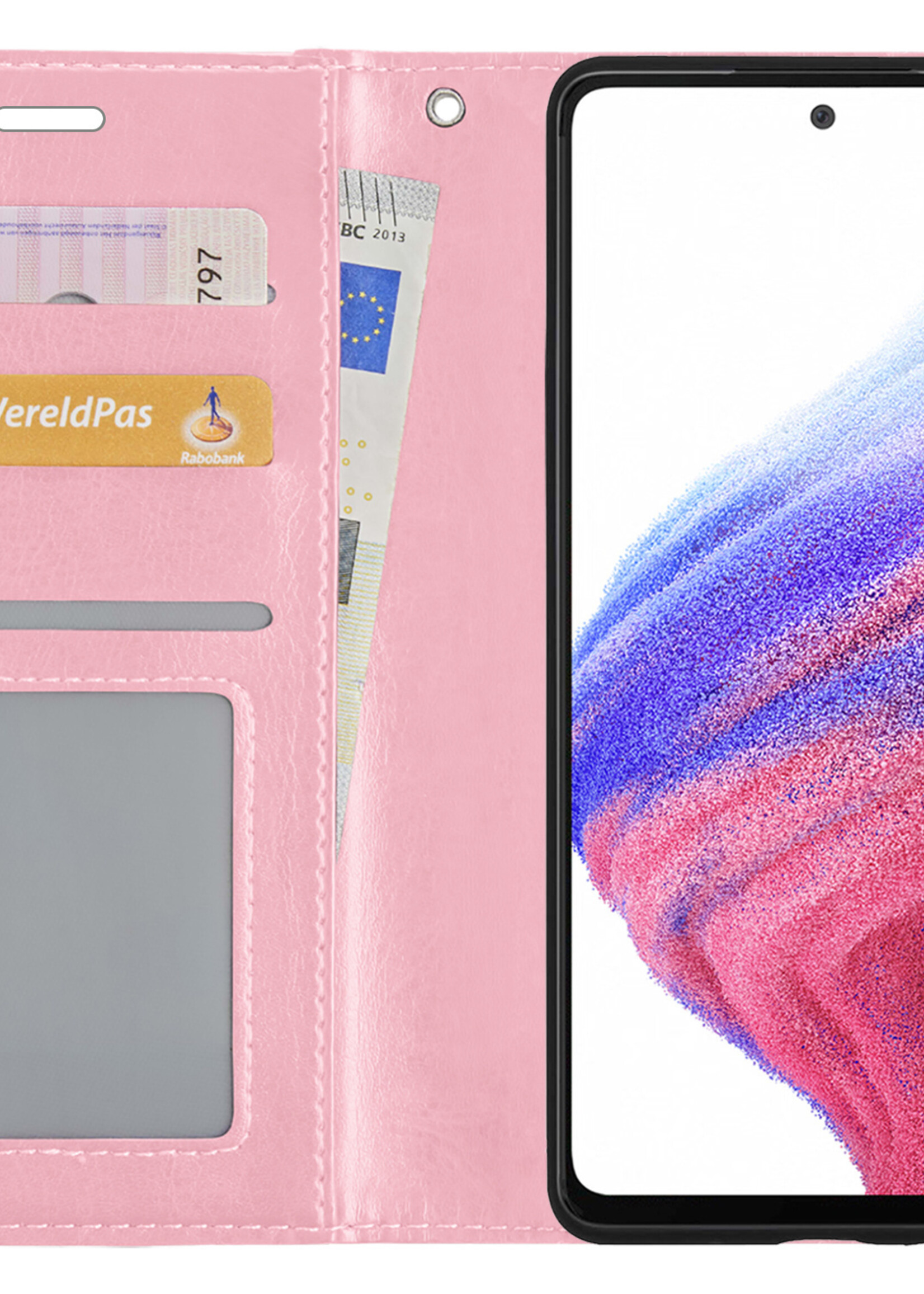 BTH Hoesje Geschikt voor Samsung A53 Hoesje Book Case Hoes Portemonnee Cover Walletcase Met 2x Screenprotector - Hoes Geschikt voor Samsung Galaxy A53 Hoes Bookcase Hoesje - Lichtroze