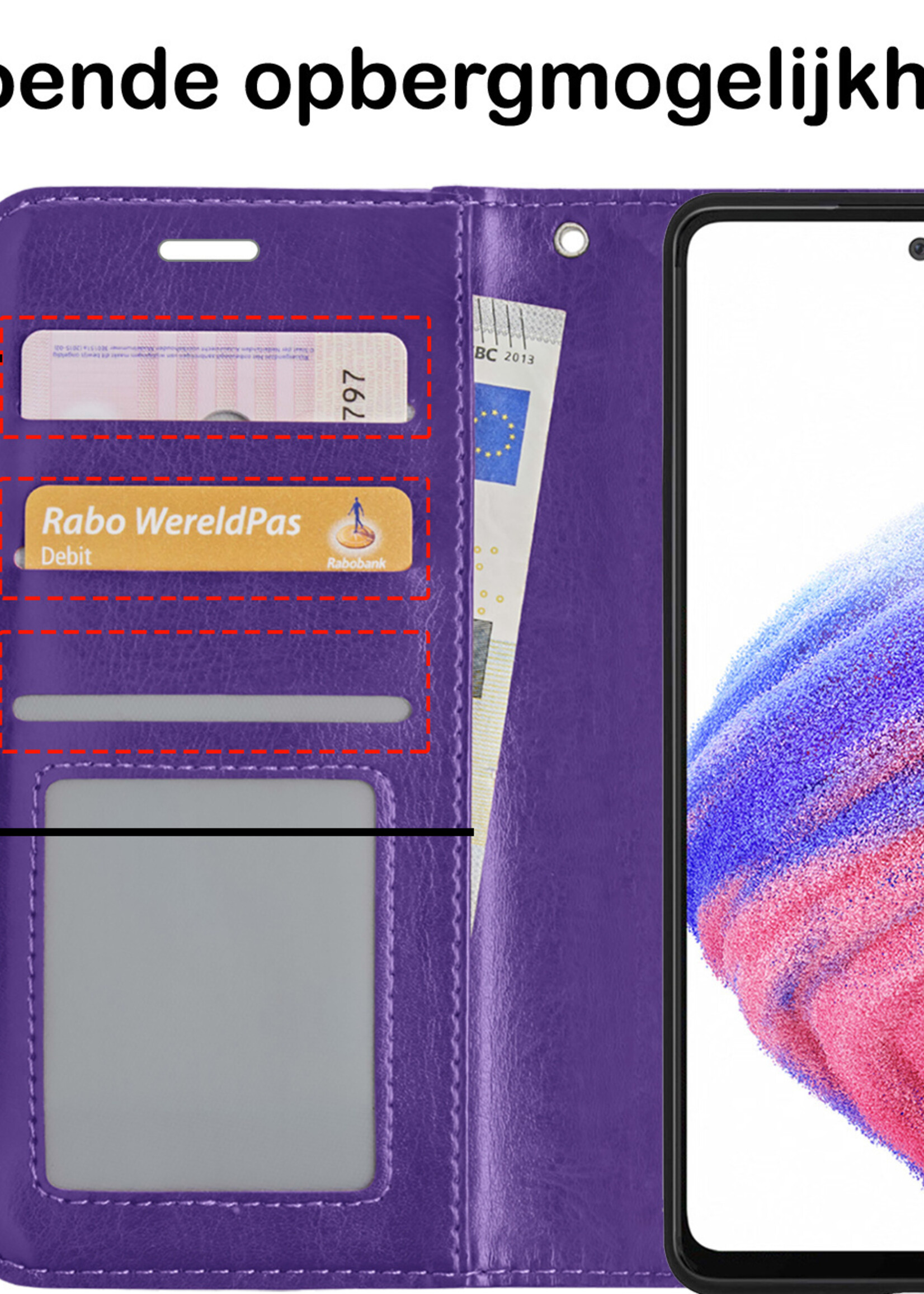 BTH Hoesje Geschikt voor Samsung A53 Hoesje Book Case Hoes Portemonnee Cover Walletcase Met 2x Screenprotector - Hoes Geschikt voor Samsung Galaxy A53 Hoes Bookcase Hoesje - Paars