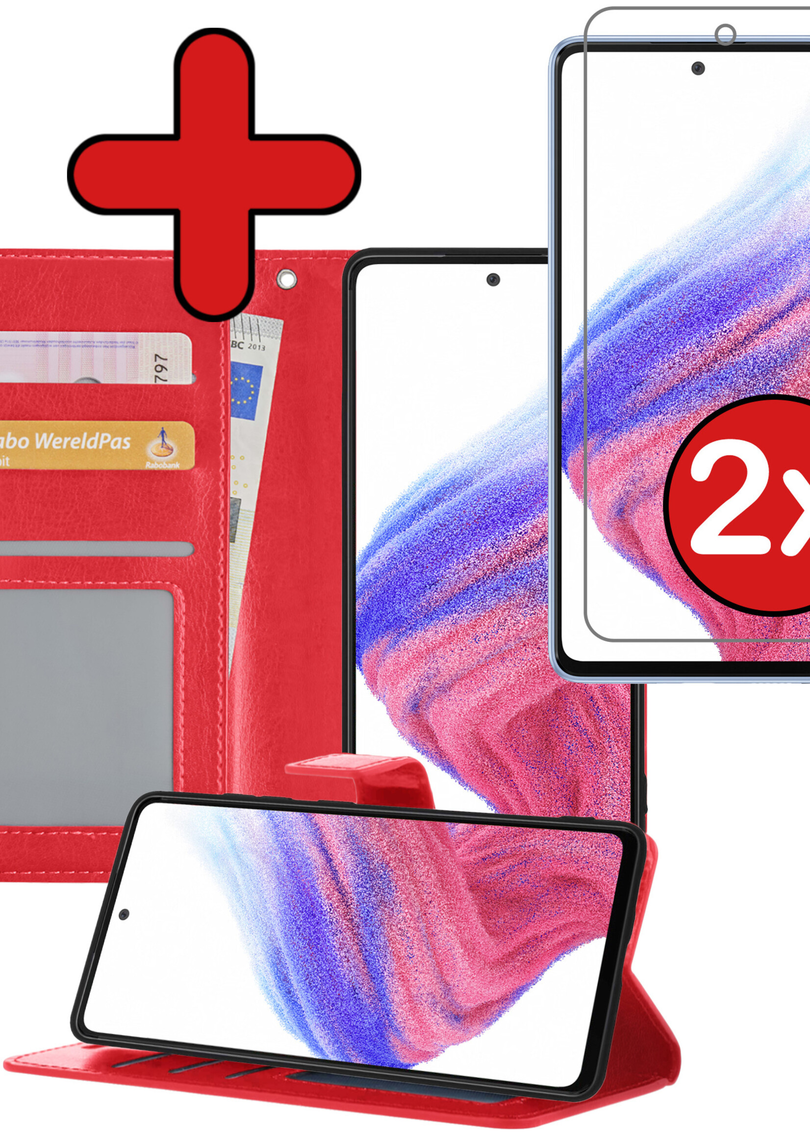 BTH Hoesje Geschikt voor Samsung A53 Hoesje Book Case Hoes Portemonnee Cover Walletcase Met 2x Screenprotector - Hoes Geschikt voor Samsung Galaxy A53 Hoes Bookcase Hoesje - Rood